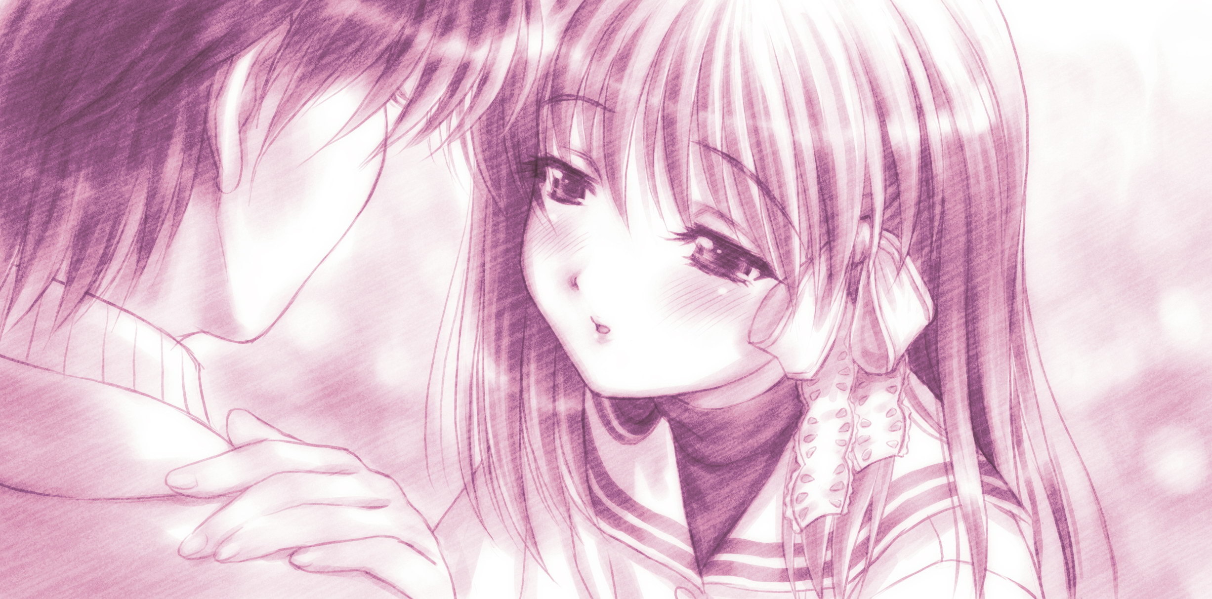 goto p, fujibayashi kyou, okazaki tomoya, clannad, highres, 00s, 1boy, 1girl, blush, long hair, monochrome, purple theme, ribbon, school uniform