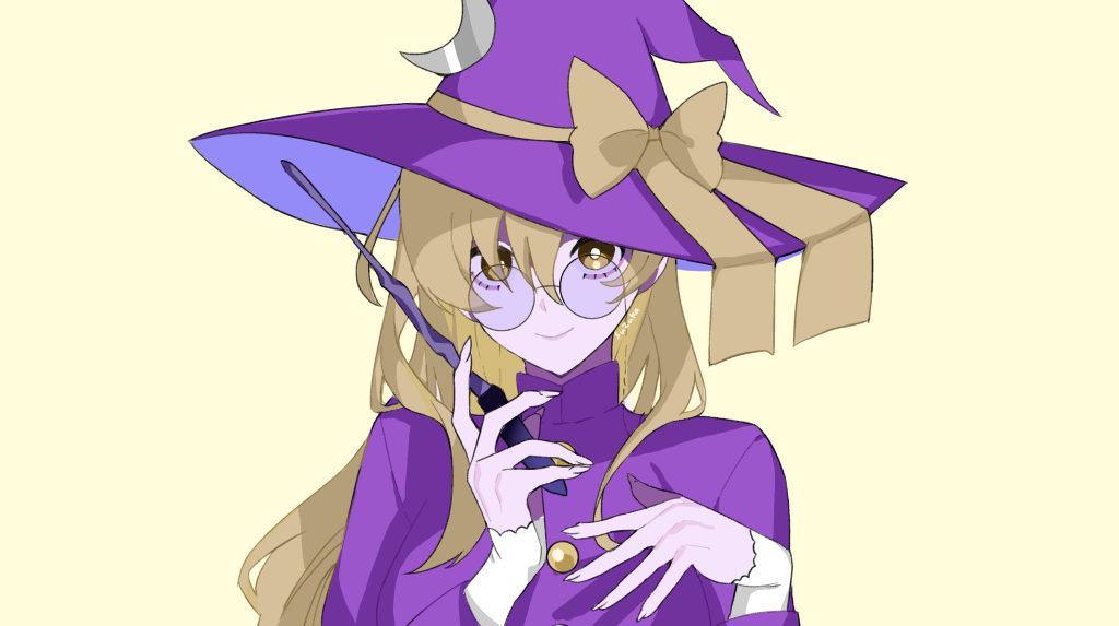 kirisame marisa, kirisame marisa (pc-98), touhou, touhou (pc-98), commentary request, 1girl, 5npa93a, blonde hair, bow, closed mouth, crescent, crescent hat ornament, dress, glasses, happy, hat, hat bow, hat ornament, holding, holding wand, long hair, long sleeves, looking at viewer, purple dress, purple hat, round eyewear, simple background, smile, solo, upper body, very long hair, wand, yellow background, yellow bow, yellow eyes