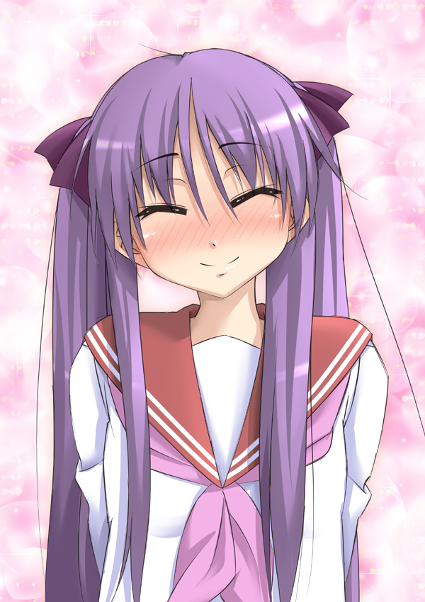 nakki, hiiragi kagami, lucky star, non-web source, 00s, 1girl, blush, closed eyes, female focus, happy, head tilt, long hair, purple hair, ribbon, school uniform, serafuku, smile, solo, twintails