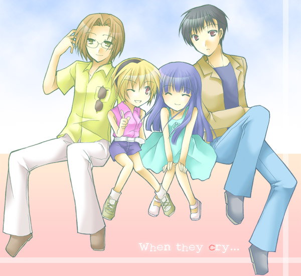 603 (lolipop), akasaka mamoru, furude rika, houjou satoko, irie kyousuke, higurashi no naku koro ni, 00s, 2boys, 2girls, black hair, blonde hair, blue hair, brown eyes, brown hair, casual, closed eyes, dress, glasses, jacket, long hair, multiple boys, multiple girls, one eye closed, red eyes, short hair, shorts, sitting, smile, wink