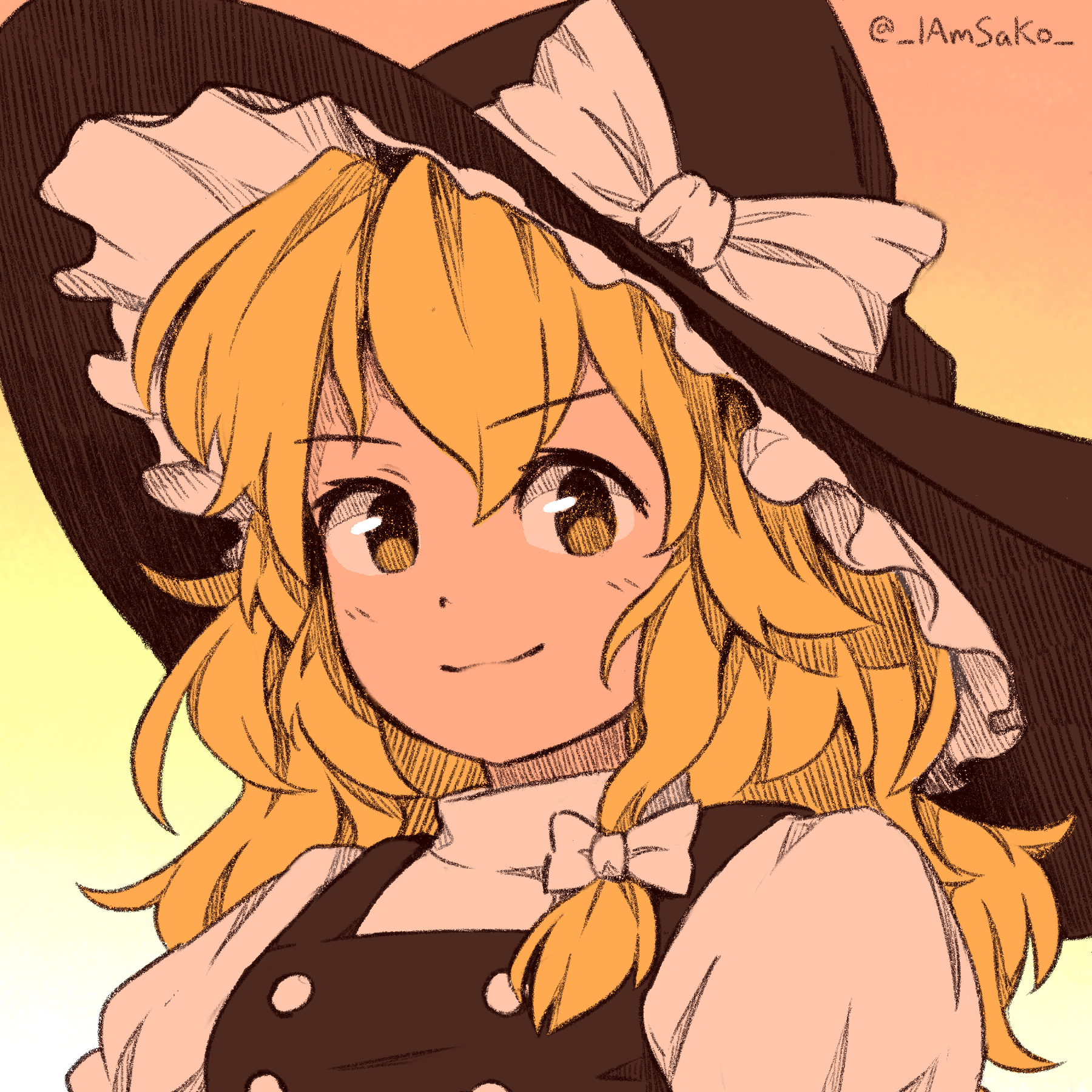iamsako, kirisame marisa, touhou, commentary request, highres, 1girl, :3, black hat, blonde hair, bow, breasts, buttons, closed mouth, dot nose, flat color, frilled hat, frills, gradient background, hair between eyes, hair bow, hair ribbon, hat, hat bow, hatching (texture), long hair, looking at viewer, portrait, puffy sleeves, ribbon, shirt, signature, simple background, small breasts, smile, solo, tress ribbon, twitter username, vest, wavy hair, white bow, white shirt, witch hat, yellow eyes
