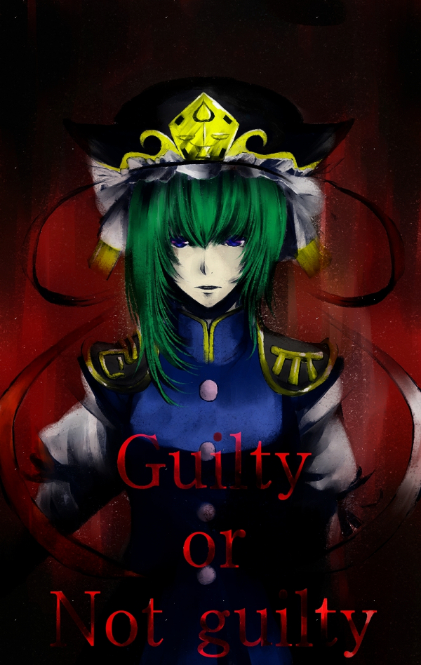 coli, collie, shiki eiki, touhou, bad id, bad pixiv id, 1girl, blue eyes, english text, female focus, green hair, hat, short hair, solo