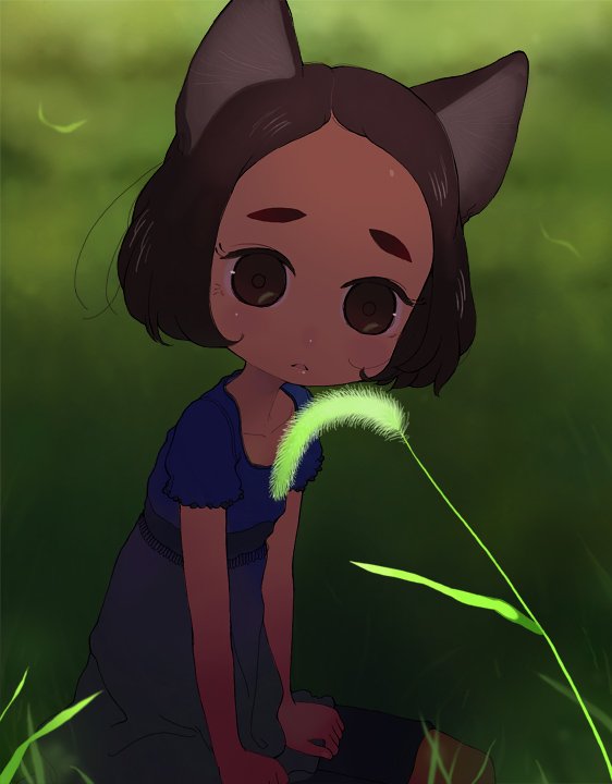 ichikawa, eyebrows, animal ears, brown eyes, brown hair, cat ears, dress, grass, kneeling, short hair, solo