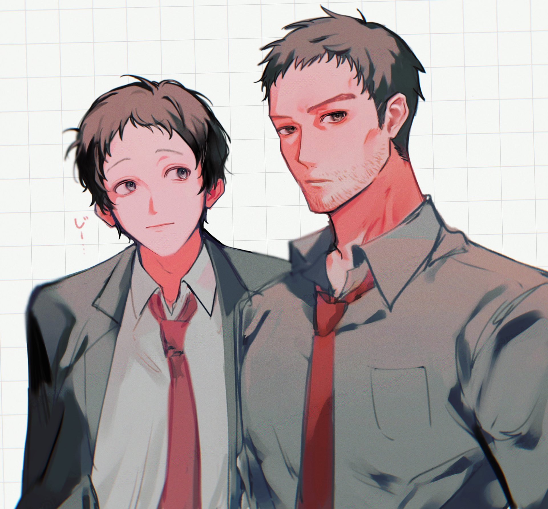 adachi tooru, doujima ryoutarou, persona, persona 4, commentary request, highres, 2boys, beard stubble, black hair, black jacket, closed mouth, collared shirt, facial hair, formal clothes, grey background, grey shirt, grid background, jacket, kamin 021, looking at another, looking to the side, male focus, multiple boys, necktie, red necktie, shirt, short hair, simple background, stubble, suit, upper body, white shirt