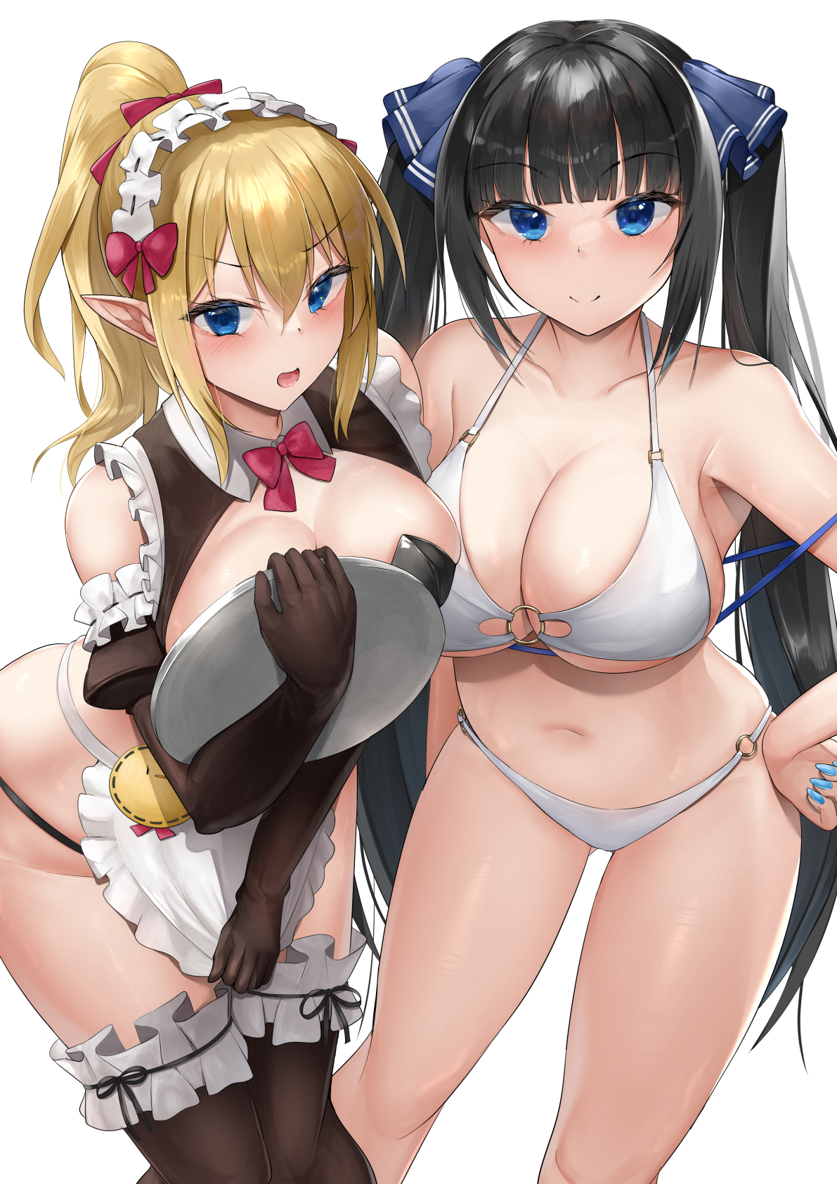 nori aji, hestia (danmachi), ryu lion, azur lane, dungeon ni deai wo motomeru no wa machigatteiru darou ka, highres, 2girls, apron, bikini, black bikini, black gloves, black hair, black thighhighs, blonde hair, blue eyes, blue nails, blue ribbon, breasts, cleavage, gloves, hair ribbon, hand on own hip, hestia (godly vacation!) (danmachi), high ponytail, holding, holding tray, huge breasts, large breasts, long hair, looking at viewer, maid, maid bikini, medium hair, multiple girls, navel, o-ring, o-ring bikini, official alternate costume, pointy ears, ponytail, ribbon, ryu lion (night at the pub), simple background, stomach, swimsuit, thighhighs, tray, twintails, unconventional maid, waist apron, white background, white bikini
