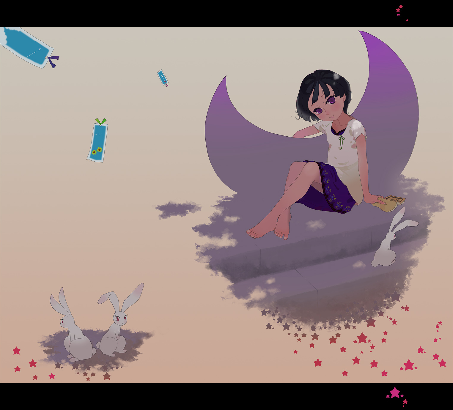 ichikawa, highres, bare legs, barefoot, black hair, book, bookmark, feet, moon, purple eyes, rabbit, short hair, sitting, skirt, smile, solo, star (symbol)