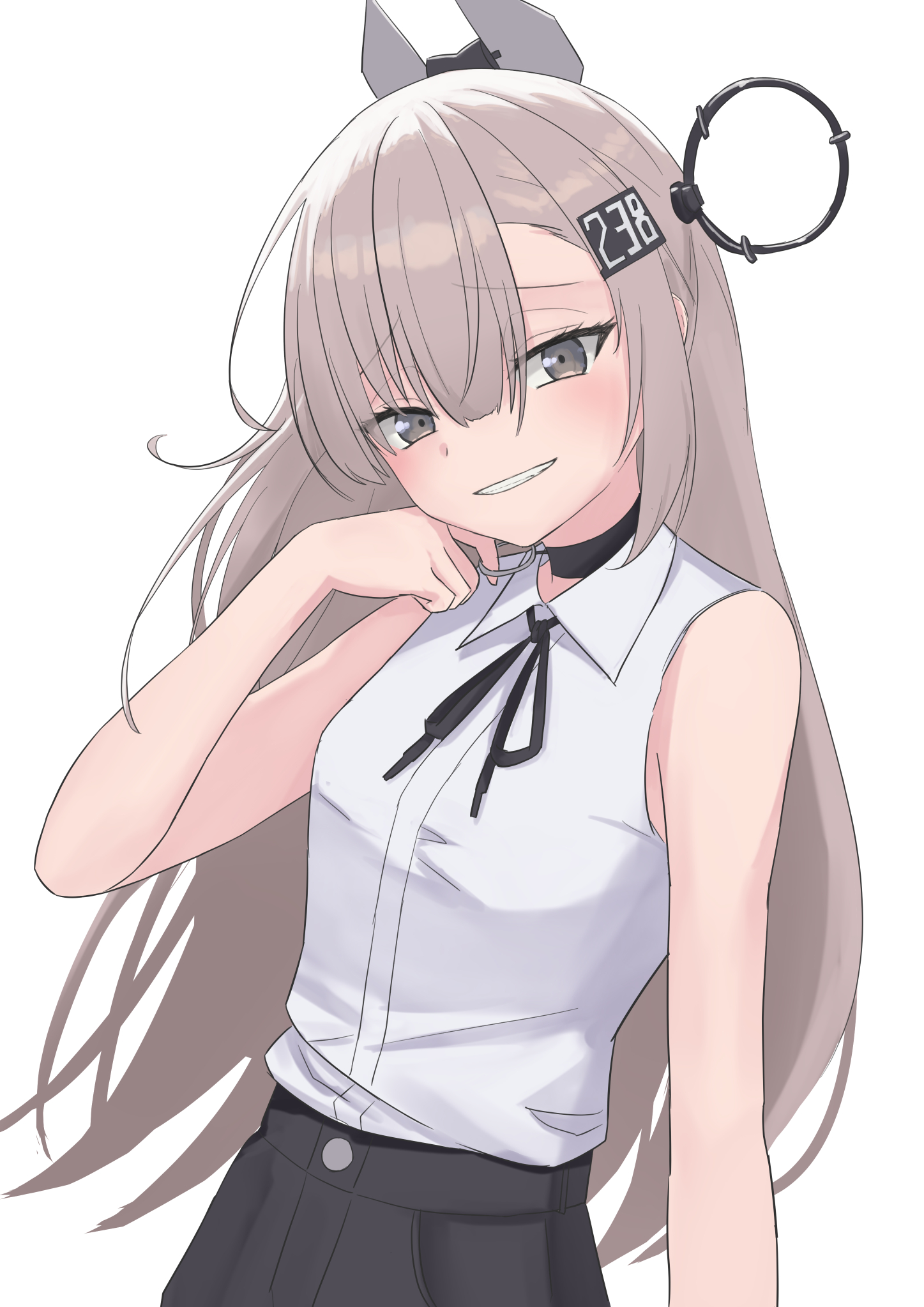 yuki 4040, wahoo (kancolle), kantai collection, highres, 1girl, alternate costume, black choker, black ribbon, black skirt, blush, choker, choker pull, collared shirt, grey eyes, grey hair, grin, hair between eyes, hair ornament, headgear, long hair, looking at viewer, neck ribbon, ribbon, shirt, simple background, skirt, sleeveless, sleeveless shirt, smile, solo, upper body, white background, white shirt