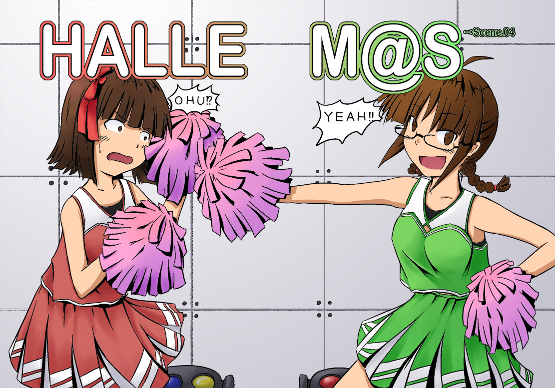 tetsuji, akizuki ritsuko, amami haruka, idolmaster, idolmaster (classic), idolmaster 1, 00s, braid, brown hair, cheerleader, glasses, hair ribbon, pom pom (cheerleading), ribbon, short hair
