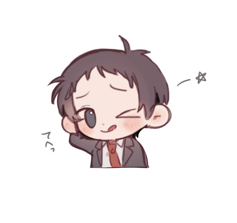 adachi tooru, persona, persona 4, commentary request, translation request, > o, 1boy, arm behind head, black jacket, blush, brown hair, chibi, chibi only, closed mouth, collared shirt, cropped torso, formal clothes, grey eyes, jacket, kamin 021, licking lips, male focus, necktie, one eye closed, red necktie, shirt, short hair, simple background, solo, star (symbol), suit, tongue, tongue out, upper body, white background, white shirt