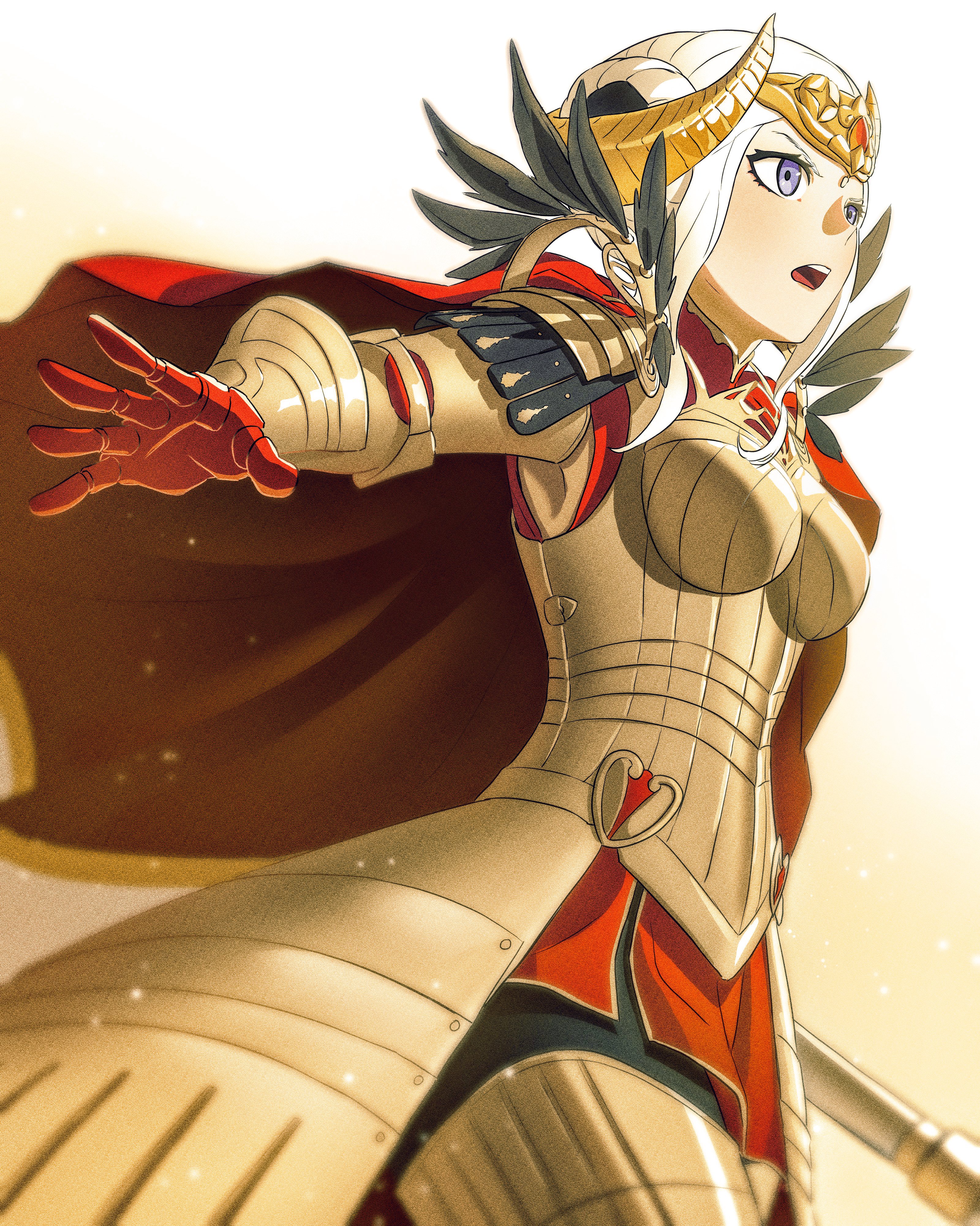 kwajia3, edelgard von hresvelg, edelgard von hresvelg (adrestian emperor), edelgard von hresvelg (timeskip), fire emblem, fire emblem: three houses, nintendo, absurdres, hashtag-only commentary, highres, 1girl, armor, axe, breastplate, cape, fake horns, feather trim, gauntlets, holding, holding axe, holding weapon, horns, jewelry, official alternate costume, open mouth, purple eyes, red cape, simple background, solo, weapon, yellow horns