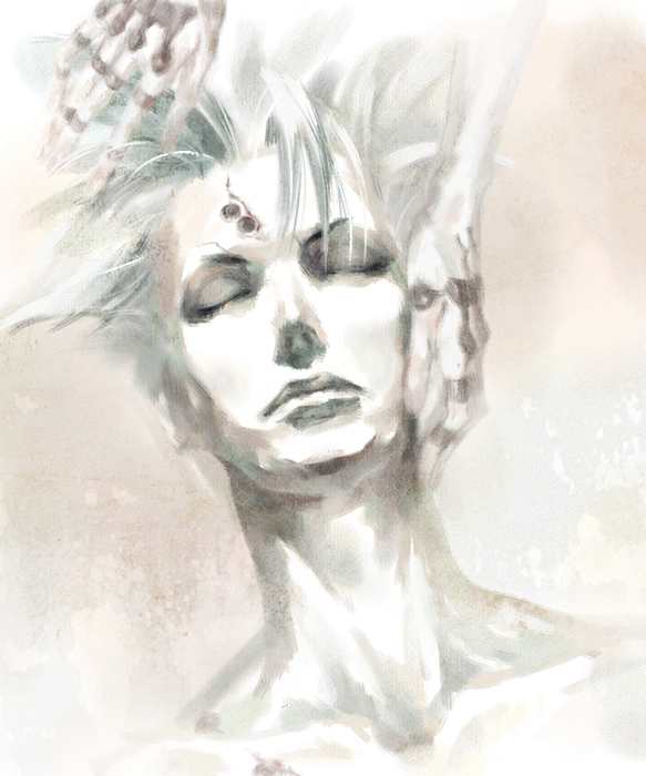 hao & su, rogner5th, shinra (ikaruga), ikaruga, silver hair, 1boy, male focus, monochrome, pale color, short hair, solo, tattoo