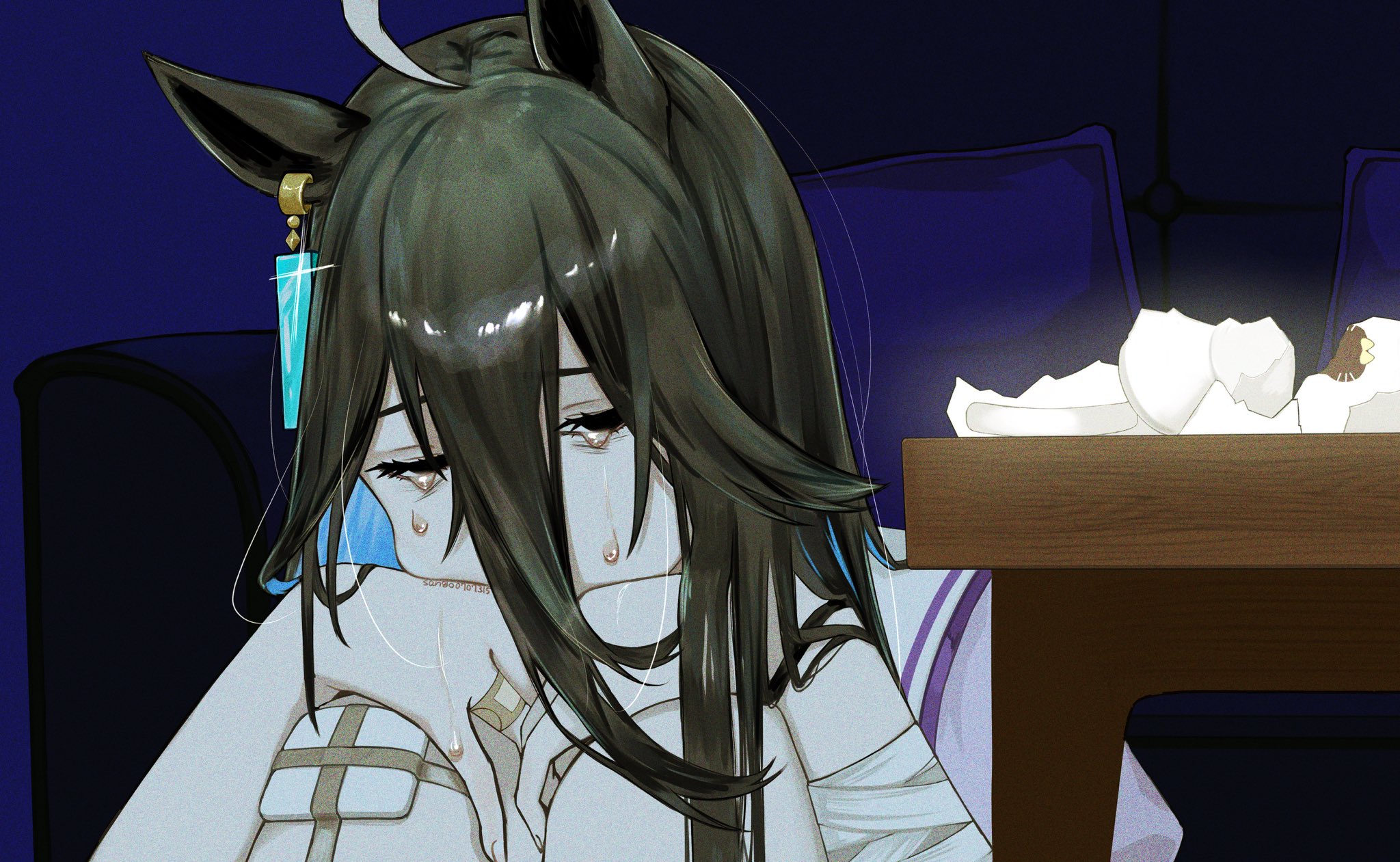sango0707315, manhattan cafe (umamusume), umamusume, highres, 1girl, ahoge, bandaged arm, bandaged knees, bandages, black hair, blue hair, broken cup, colored inner hair, couch, crying, ear ornament, ear tag, earrings, hair between eyes, jewelry, long hair, long hair between eyes, multicolored hair, purple shirt, sailor collar, school uniform, shirt, single earring, solo, table, tears, tracen school uniform, twitter username, white hair, white sailor collar