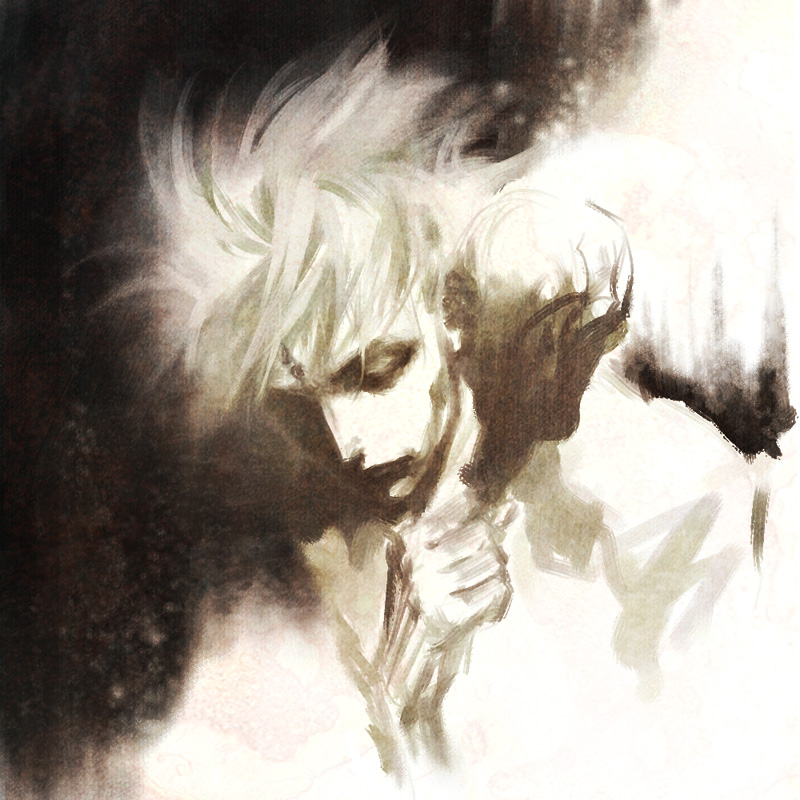 hao & su, rogner5th, shinra (ikaruga), ikaruga, 1boy, male focus, monochrome, sepia, short hair, solo