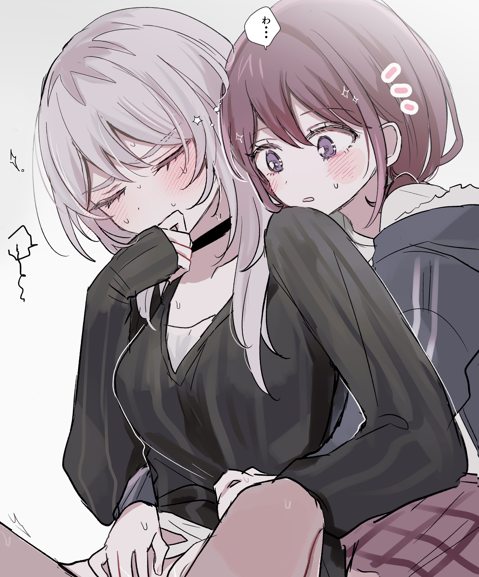hamchan69, iseri nina, kawaragi momoka, girls band cry, commentary, highres, symbol-only commentary, 2girls, black choker, black sweater, blush, breasts, brown hair, choker, grey eyes, grey hair, hair ornament, hand under clothes, long hair, medium breasts, multicolored hair, multiple girls, open mouth, purple eyes, roots (hair), short hair, sweat, sweater, white background, yuri