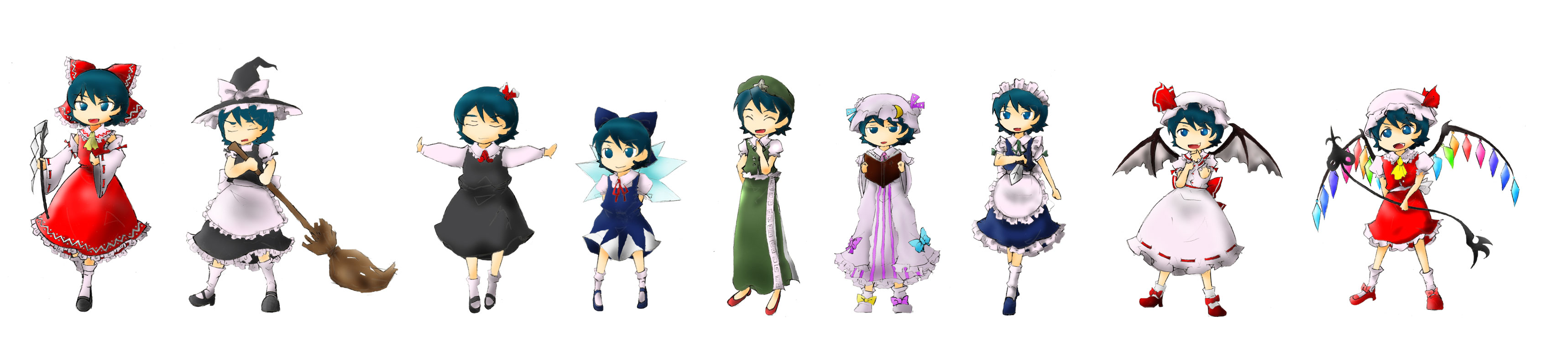 aokaze (artist), cirno, flandre scarlet, hakurei reimu, hong meiling, izayoi sakuya, kamille bidan, kirisame marisa, patchouli knowledge, remilia scarlet, rumia, embodiment of scarlet devil, gundam, touhou, zeta gundam, absurdres, bad id, bad pixiv id, highres, long image, wide image, 1boy, blonde hair, cosplay, crossdressing, crossdressing (mtf), dress, hat, maid, male focus, male maid, multiple views, parody, red eyes, simple background, skirt, white background