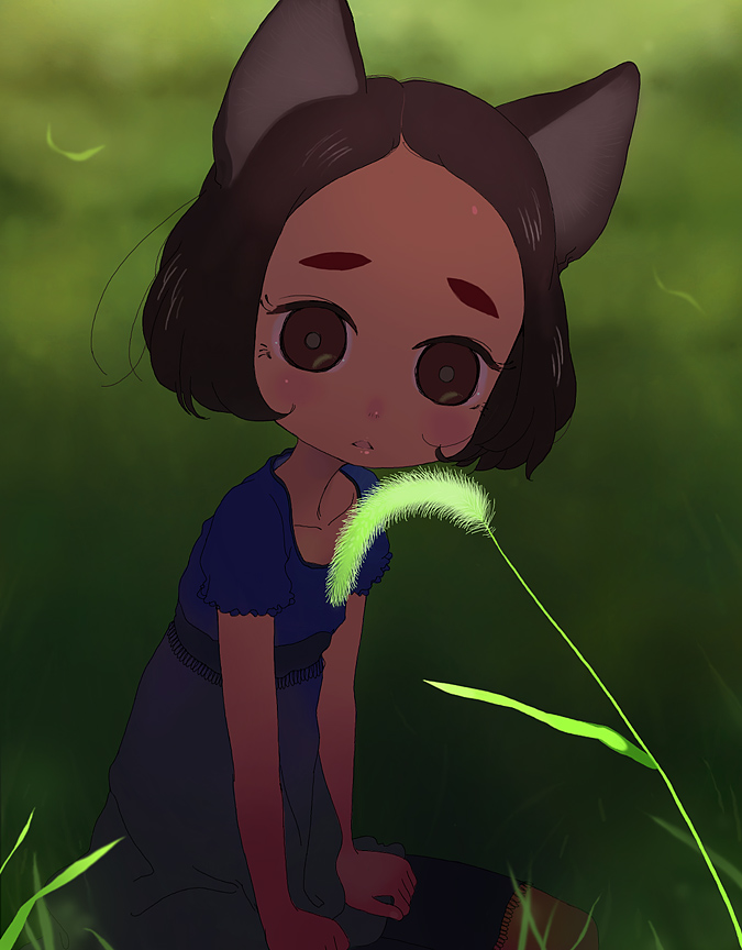 ichikawa, eyebrows, animal ears, brown eyes, brown hair, cat ears, dress, grass, kneeling, short hair, solo