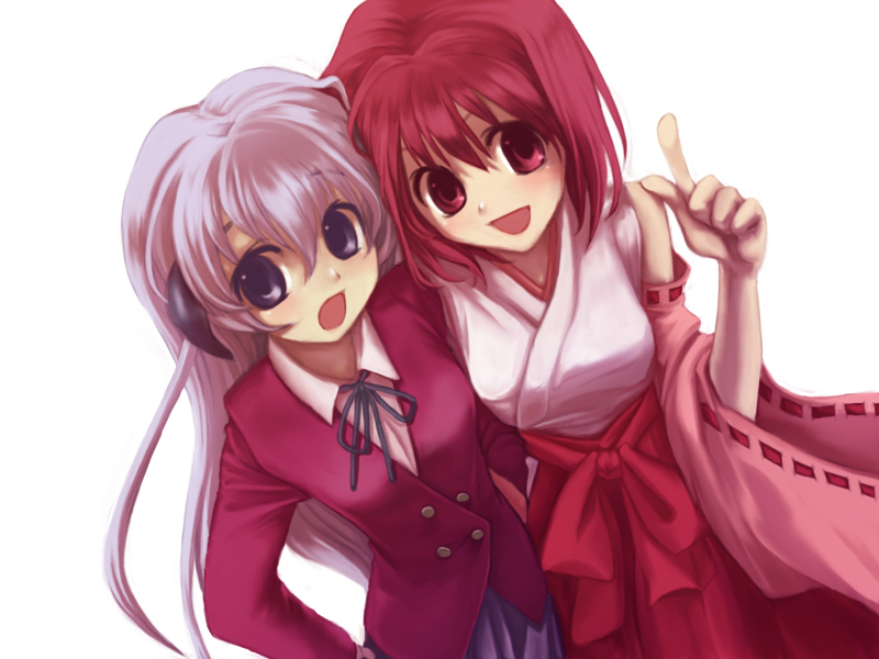piiko, aisaka taiga, hanyuu, horie yui, kushieda minori, higurashi no naku koro ni, toradora!, 2girls, cosplay, costume switch, crossover, detached sleeves, hakama, hakama skirt, hanyuu (cosplay), horns, japanese clothes, long hair, miko, multiple girls, open mouth, purple eyes, purple hair, red eyes, red hair, red hakama, school uniform, short hair, skirt, voice actor connection