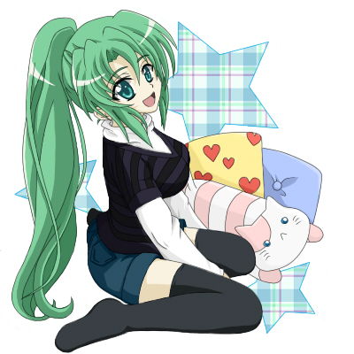 nekohana, sonozaki mion, higurashi no naku koro ni, lowres, 00s, 1girl, black thighhighs, cat, female focus, green eyes, green hair, long hair, matching hair/eyes, pillow, ponytail, solo, stuffed animal, stuffed toy, themed object, thighhighs