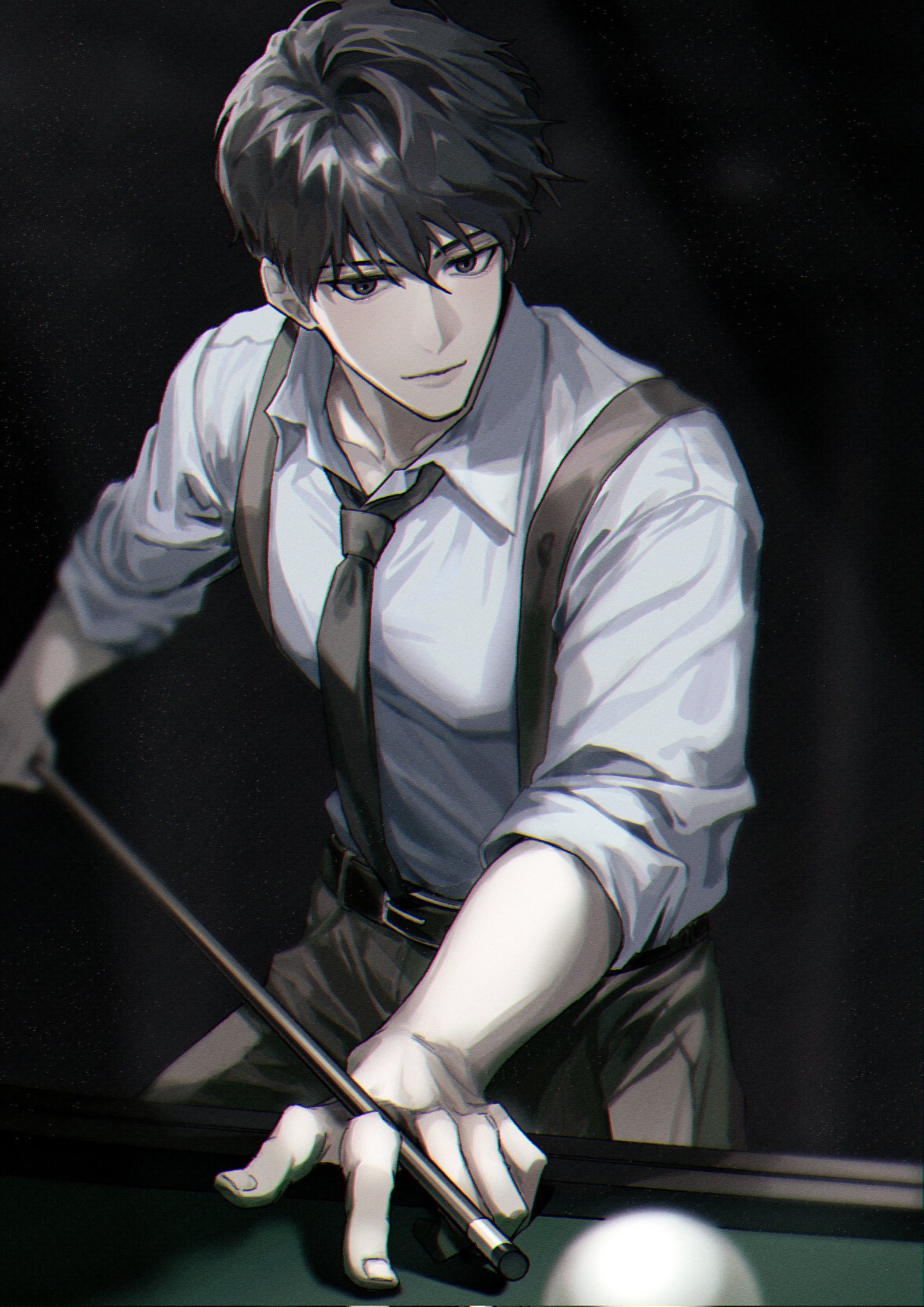 narak, kim dokja, omniscient reader's viewpoint, commentary request, highres, korean commentary, ball, billiard ball, black eyes, black hair, black necktie, collared shirt, cowboy shot, cue stick, holding, looking at viewer, necktie, pool table, shirt, short hair, sleeves rolled up, smile, squatting, suspenders, table, white shirt