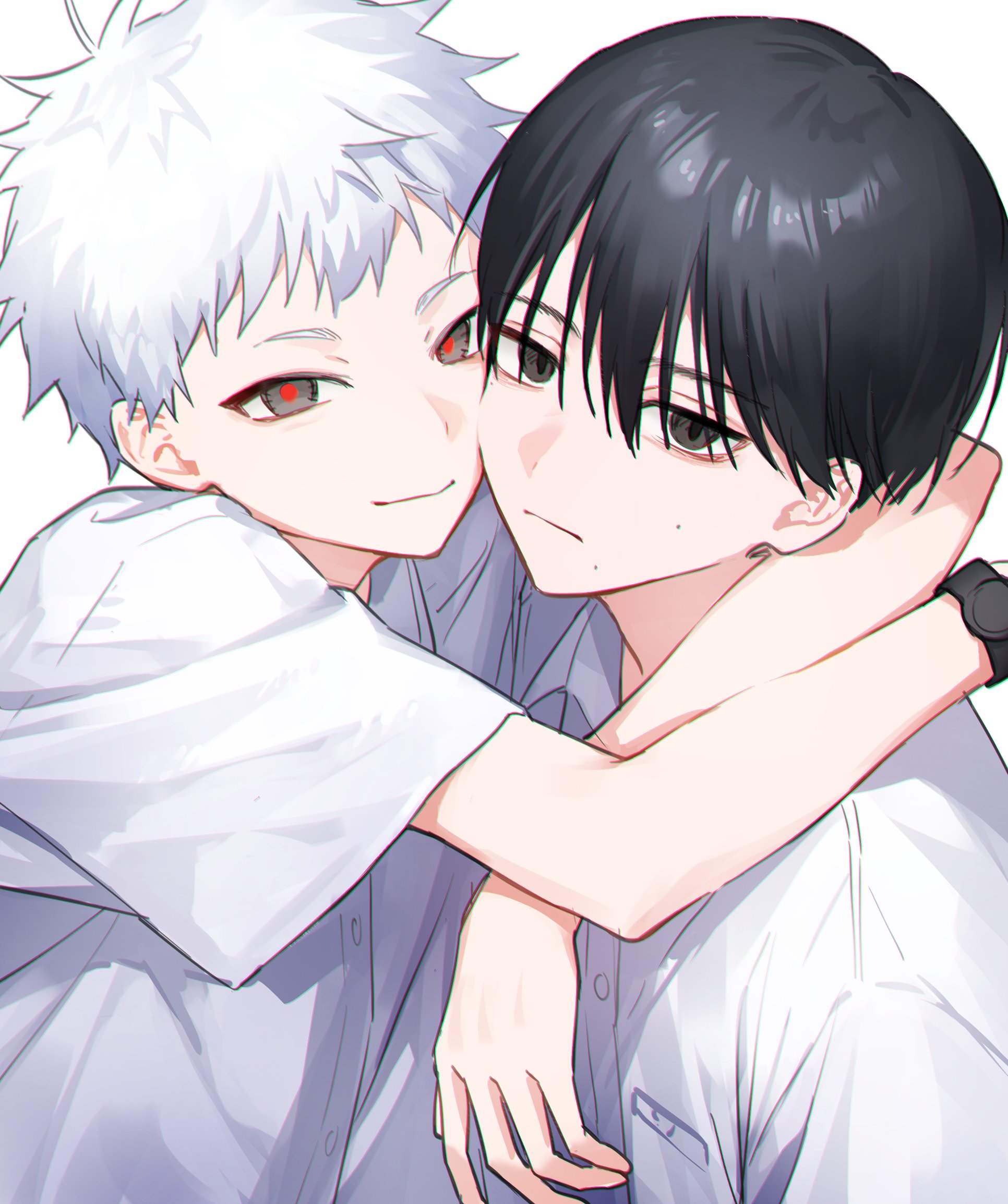 indou hikaru, tsujinaka yoshiki, hikaru ga shinda natsu, commentary request, highres, korean commentary, 2boys, :|, arms around neck, black hair, closed mouth, collared shirt, grey eyes, looking at viewer, male focus, multicolored eyes, multiple boys, nyam (non0320), shirt, short hair, short sleeves, simple background, smile, upper body, watch, white background, white hair, white shirt, wing collar, wristwatch
