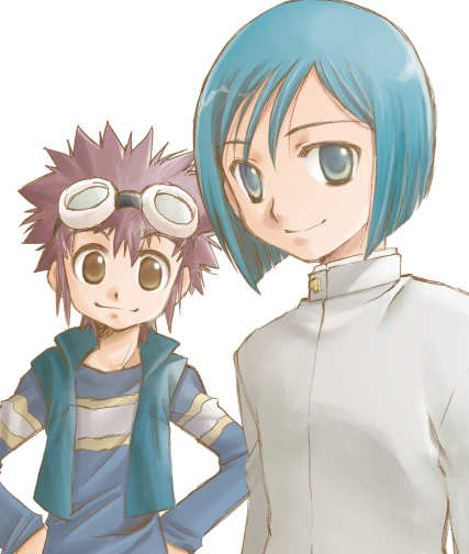 nerune, ichijouji ken, motomiya daisuke, digimon, digimon adventure 02, bad id, bad pixiv id, 00s, 2boys, blue eyes, blue hair, brown eyes, brown hair, goggles, male focus, multiple boys, short hair