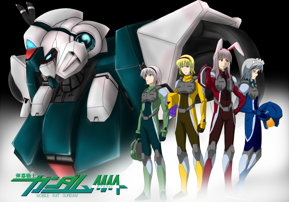 haruyan, alice margatroid, allelujah haptism, izayoi sakuya, konpaku youmu, lockon stratos, reisen udongein inaba, setsuna f. seiei, tieria erde, gundam, gundam 00, touhou, pilot suit, silver hair, bad id, bad pixiv id, 4girls, animal ears, blonde hair, blue eyes, crossover, glasses, green eyes, hairband, headband, helmet, maid headdress, mecha, multiple girls, parody, pink hair, red eyes, robot