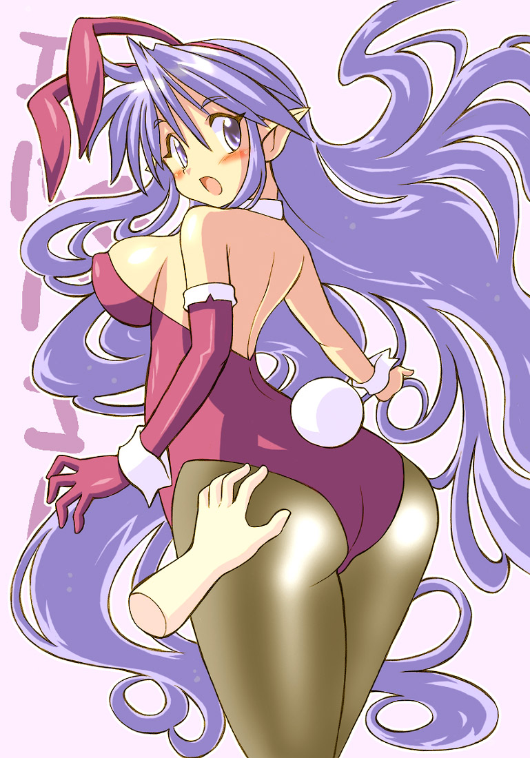fuwamaru-chan, gomamiso (gomamiso sp), elba (gomamiso sti), original, ass grab, 1girl, animal ears, ass, blush, breasts, character name, disembodied hand, elbow gloves, fake animal ears, female focus, gloves, grabber tool, hand on own ass, large breasts, long hair, looking back, open mouth, pantyhose, playboy bunny, pointy ears, purple eyes, purple hair, rabbit ears, solo, very long hair, wrist cuffs