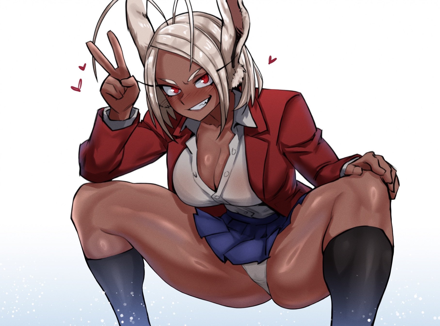 parallaxfused, mirko, natsume maya, boku no hero academia, tenjou tenge, artist collaboration, colorized, commentary, english commentary, highres, 1girl, animal ears, antenna hair, black socks, blue skirt, blush, breasts, cleavage, collarbone, collared shirt, cosplay, dark-skinned female, dark skin, grin, hand on own knee, hand up, heart, huge antenna hair, jacket, large breasts, long eyelashes, looking at viewer, medium hair, open clothes, open jacket, panties, parted bangs, partially unbuttoned, pleated skirt, rabbit ears, rabbit girl, red jacket, school uniform, shirt, shirt tucked in, skirt, smile, socks, solo, spread legs, squatting, thick thighs, thighs, toned, toned female, underwear, v, white hair, white panties, white shirt