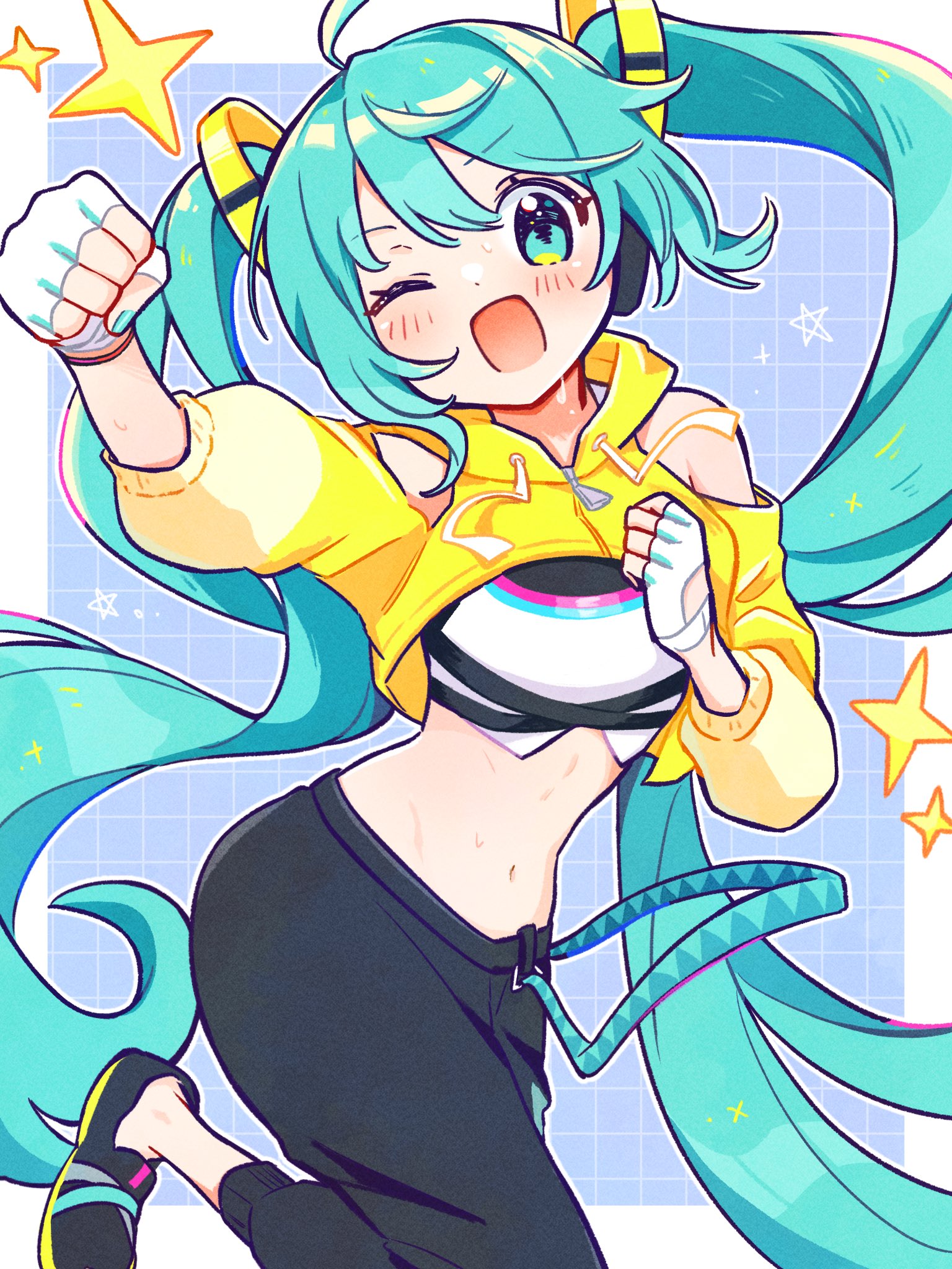 aoiyui, hatsune miku, fitness boxing, fitness boxing feat. hatsune miku: isshoni exercise, vocaloid, commentary request, highres, 1girl, ;d, ahoge, bare shoulders, black pants, black shoes, blue background, blue eyes, blue hair, blush, border, clenched hands, clothing cutout, cowboy shot, crop top, cropped hoodie, dot nose, drawstring, fingerless gloves, gloves, grid background, hands up, hood, hood down, hoodie, leg up, long hair, long sleeves, looking at viewer, midriff, navel, one eye closed, open mouth, outline, outside border, pants, shoes, shoulder cutout, smile, solo, sparkle, star (symbol), sweat, twintails, very long hair, white border, white gloves, white outline, yellow hoodie