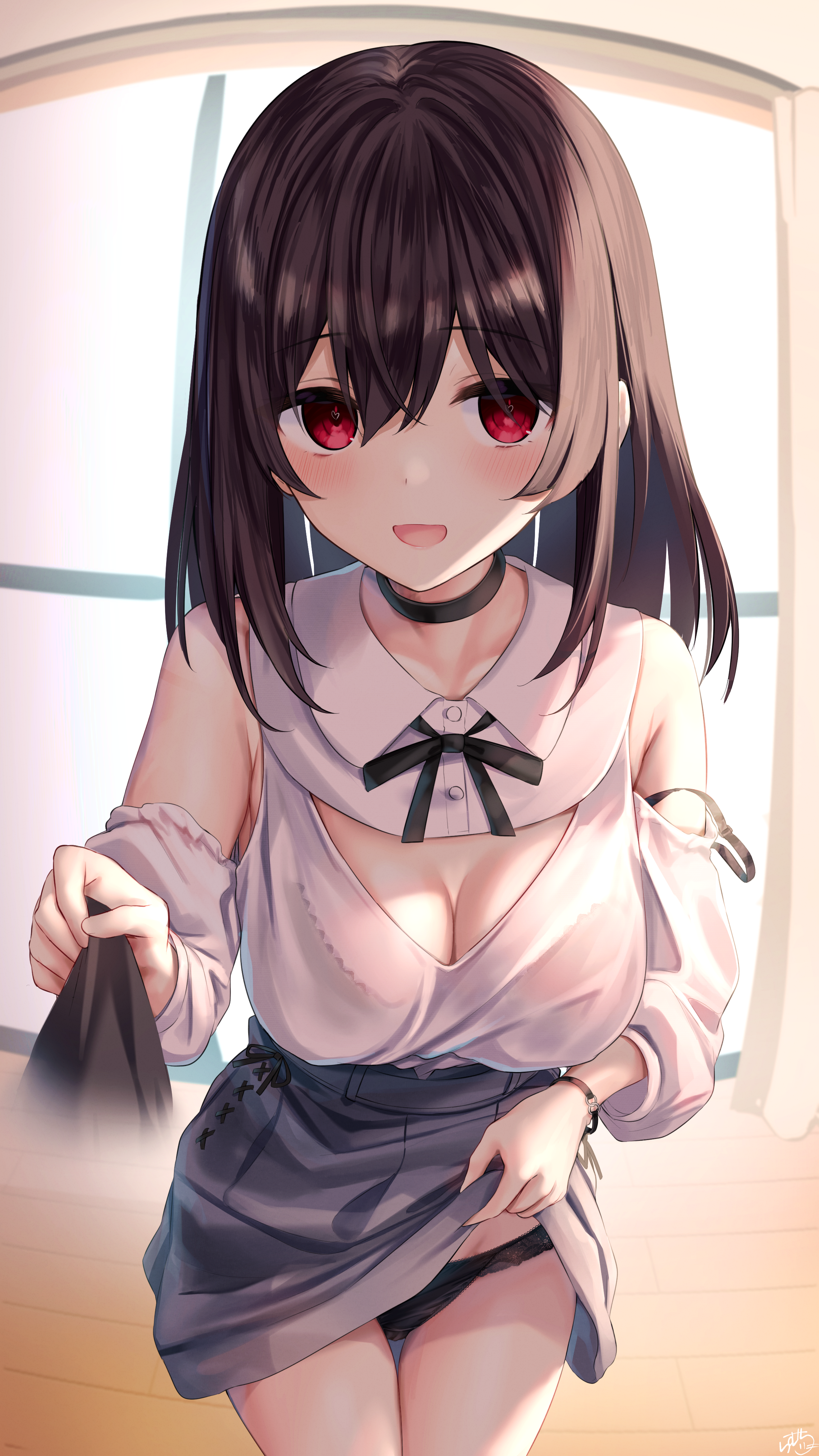 ramchi, yandere-chan (ramchi), original, absurdres, highres, 1girl, ^ ^, armpit crease, bare shoulders, black bow, black choker, black panties, black skirt, bow, bracelet, breasts, choker, cleavage, cleavage cutout, closed eyes, clothes lift, clothing cutout, detached sleeves, hair between eyes, heart, heart in eye, jewelry, large breasts, lifting own clothes, long hair, looking at viewer, panties, red eyes, skirt, skirt lift, smile, strap slip, symbol in eye, thighs, underwear