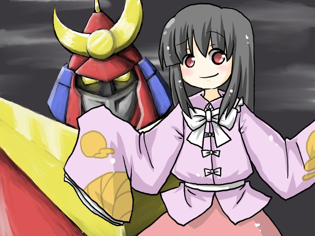 unadare, houraisan kaguya, zambot 3, zambot 3 (robot), muteki choujin zambot 3, touhou, bad id, bad pixiv id, 1970s (style), crossover, grey sky, mecha, oldschool, retro artstyle, robot, sky