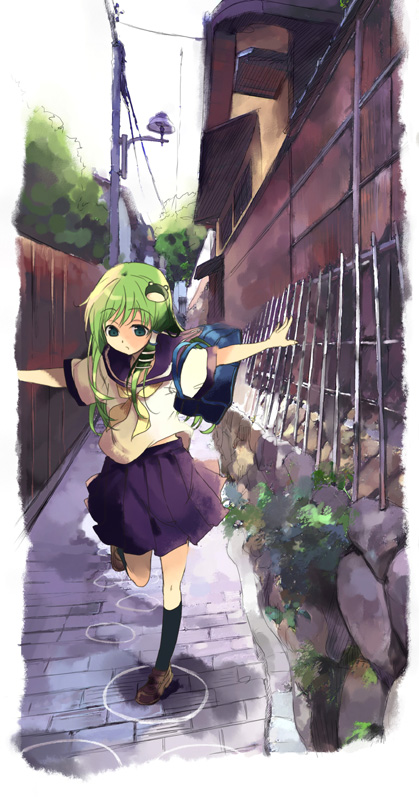 hamayumiba sou, kochiya sanae, touhou, bad id, bad pixiv id, 1girl, alley, alternate costume, bag, black socks, blouse, brown shoes, contemporary, cover, day, female focus, green hair, kneehighs, outdoors, plant, puddle, school uniform, serafuku, shirt, shoes, shoulder bag, socks, solo, standing, standing on one leg, white shirt