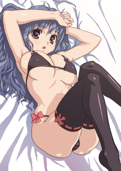 hirose (mokiki), original, character request, 1girl, bed, bikini, black bikini, black thighhighs, blue hair, breasts, female focus, large breasts, long hair, lying, purple eyes, solo, swimsuit, thighhighs