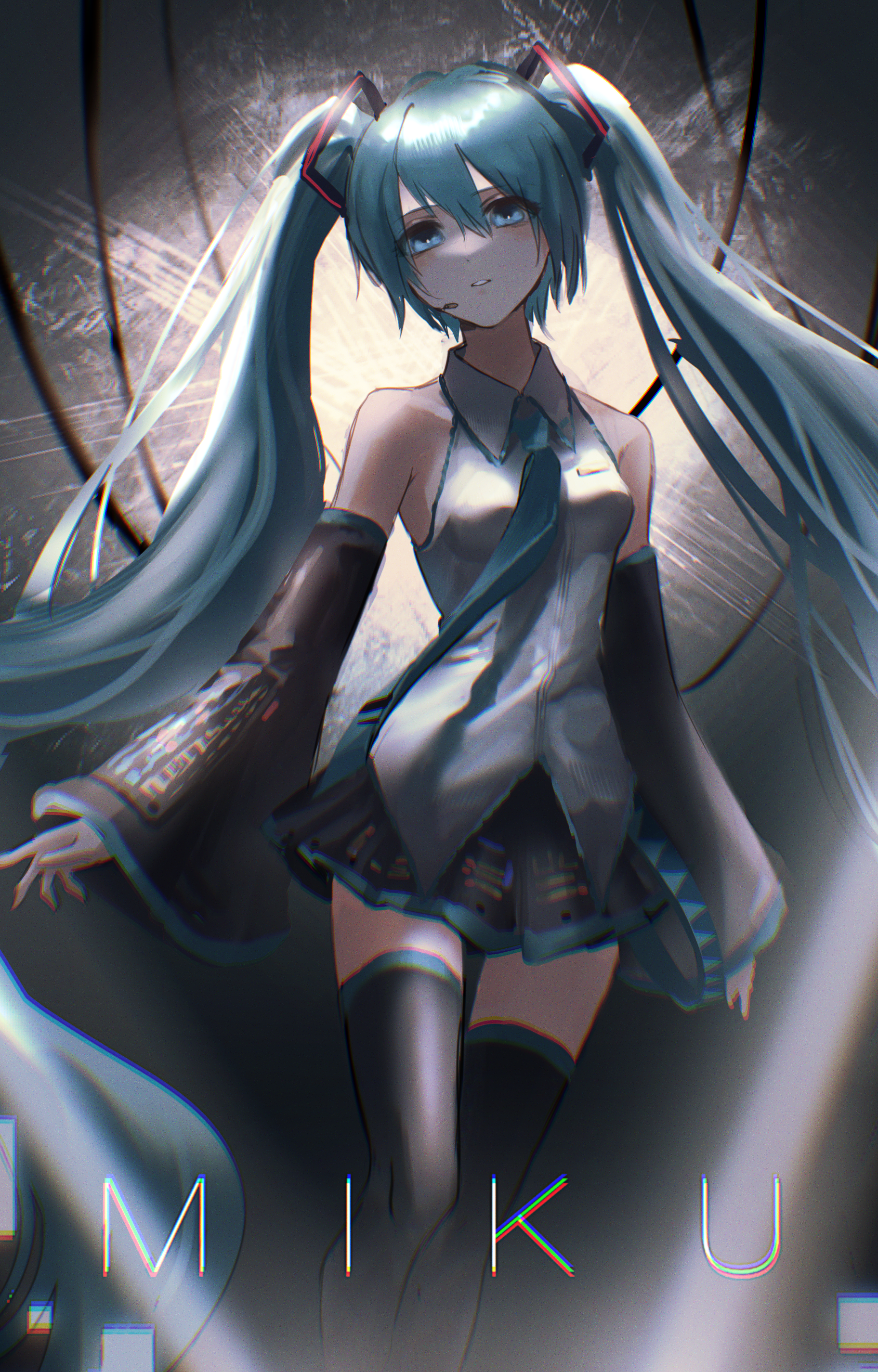 moduku, hatsune miku, vocaloid, absurdres, commentary request, highres, partial commentary, 1girl, aqua hair, aqua necktie, black shoes, black skirt, black sleeves, blue eyes, blurry, boots, breasts, character name, chromatic aberration, collared shirt, detached sleeves, grey shirt, hair between eyes, headset, long hair, long sleeves, looking at viewer, miku day, miniskirt, necktie, parted lips, pleated skirt, shirt, shoes, skirt, sleeveless, sleeveless shirt, solo, thigh boots, tie clip, twintails, very long hair