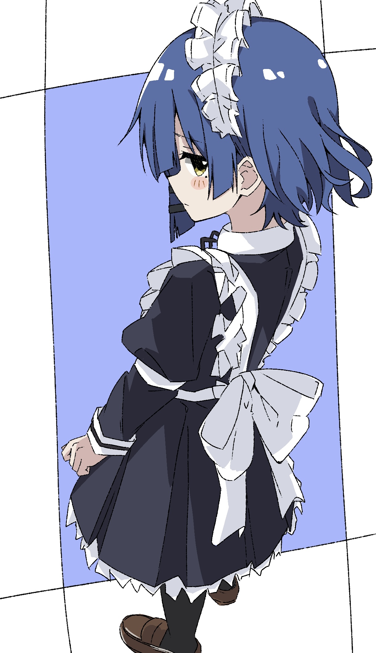 maho ron1, yamada ryo, bocchi the rock!, highres, 1girl, alternate costume, apron, black dress, blue hair, blush, bow, bowtie, dress, enmaided, frills, hair ornament, long sleeves, looking at viewer, looking back, maid, maid headdress, mole, mole under eye, puffy sleeves, ribbon, short hair, simple background, skirt, solo, white apron, white bow, white bowtie, wrist cuffs, yellow eyes