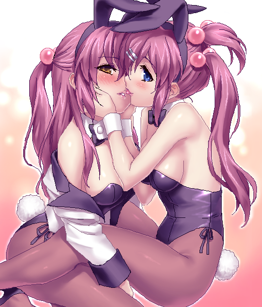 zen, futaki kanata, saigusa haruka, little busters!, 2girls, animal ears, bare shoulders, blue eyes, blush, breasts, brown eyes, detached collar, fake animal ears, hair bobbles, hair ornament, half updo, high heels, incest, kiss, large breasts, lips, multiple girls, oekaki, pantyhose, pink hair, playboy bunny, rabbit ears, shoes, siblings, sideboob, sisters, sitting, thighs, tongue, twincest, twins, wariza, wrist cuffs, yuri