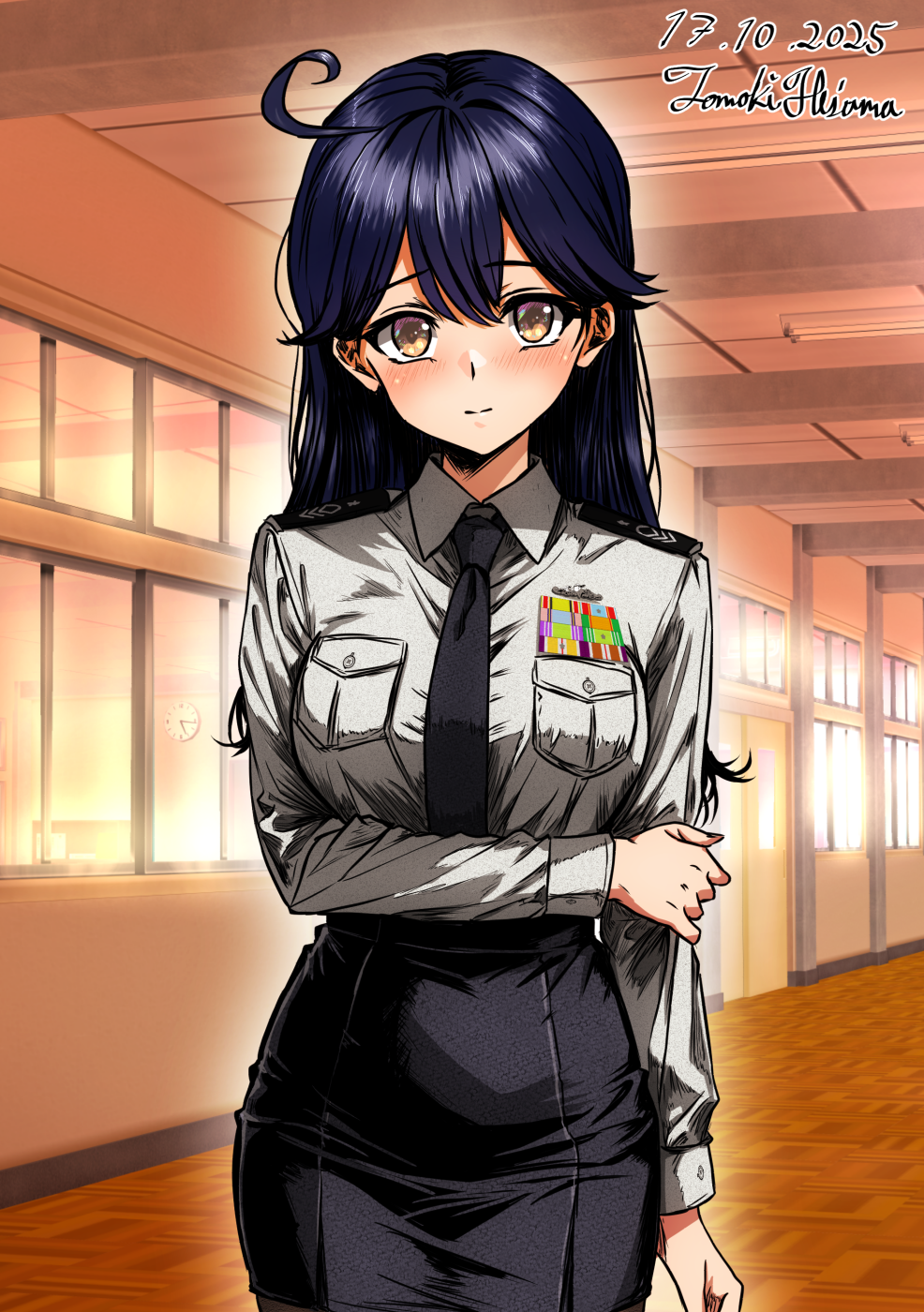 hisama tomoki, ushio (kancolle), japan maritime self-defense force, japan self-defense force, kantai collection, highres, 1girl, artist name, black hair, black necktie, black skirt, breast pocket, brown eyes, collared shirt, cowboy shot, dated, grey shirt, hallway, long hair, military, military rank insignia, military uniform, naval dress uniform, naval uniform, necktie, one-hour drawing challenge, pencil skirt, pocket, ribbon bar, shirt, skirt, solo