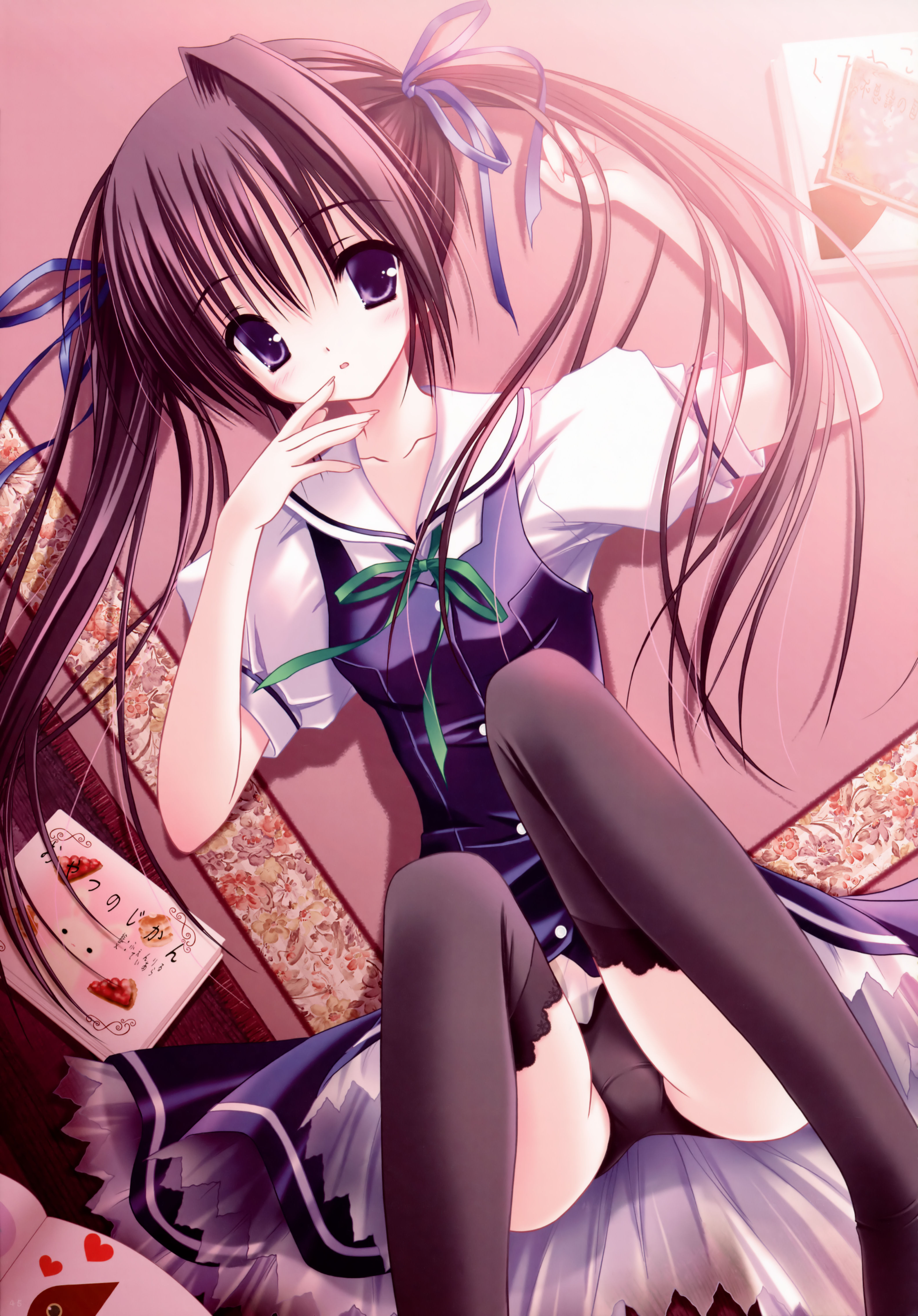 tinker bell (pixiv 10956015), okamoto nonoka, clear (visual novel), lace-trimmed legwear, absurdres, highres, 1girl, black hair, black panties, black thighhighs, female focus, hair ribbon, lace, lace trim, lying, panties, purple eyes, ribbon, school uniform, solo, thighhighs, twintails, underwear