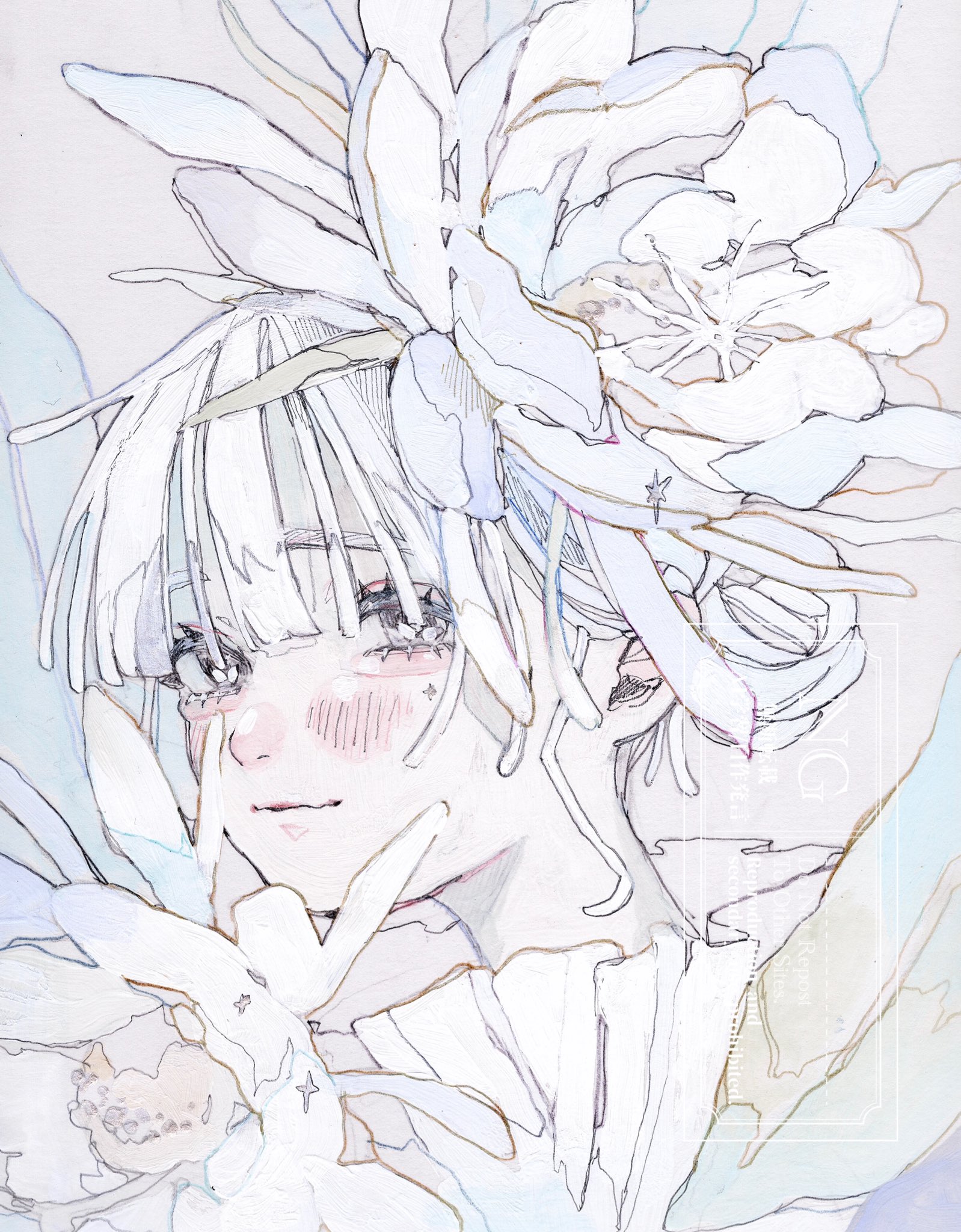 oka yuuri, original, highres, painting (medium), traditional media, watercolor (medium), 1girl, aegyo sal, blush, closed mouth, eyelashes, flower, hair bun, hair flower, hair ornament, looking at viewer, portrait, solo, watermark, white eyes, white hair, white theme, wispy bangs