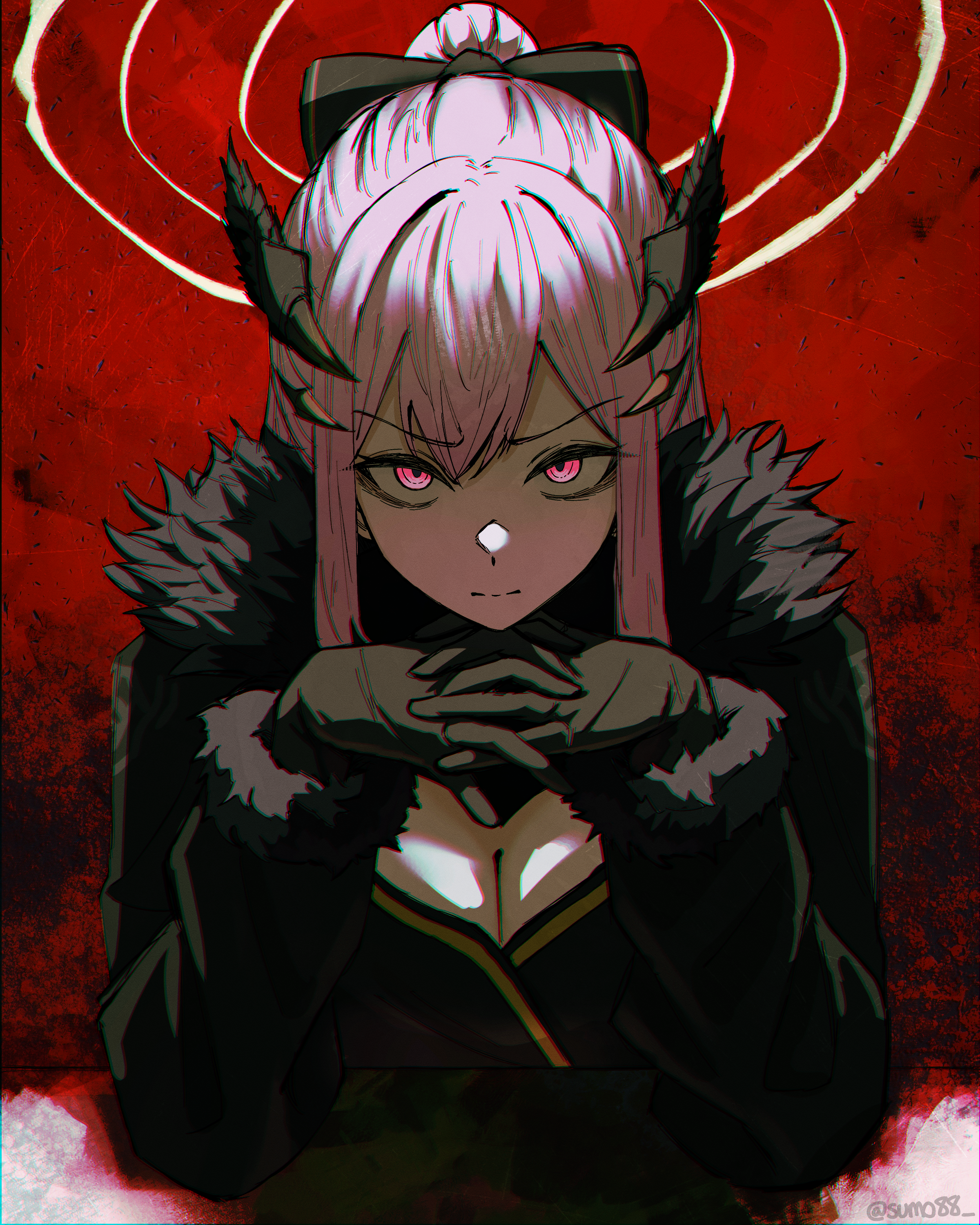 sumosumo, mori calliope, mori calliope (grimoire), hololive, hololive english, absurdres, highres, 1girl, black bow, black dress, black gloves, black jacket, bow, breasts, cleavage, closed mouth, double-parted bangs, dress, fur-trimmed jacket, fur trim, gendou pose, gloves, hair between eyes, hair bow, hands clasped, interlocked fingers, jacket, large breasts, long hair, long sleeves, looking at viewer, official alternate costume, official alternate hairstyle, own hands clasped, own hands together, pink eyes, pink hair, red background, solo, split mouth, upper body, virtual youtuber