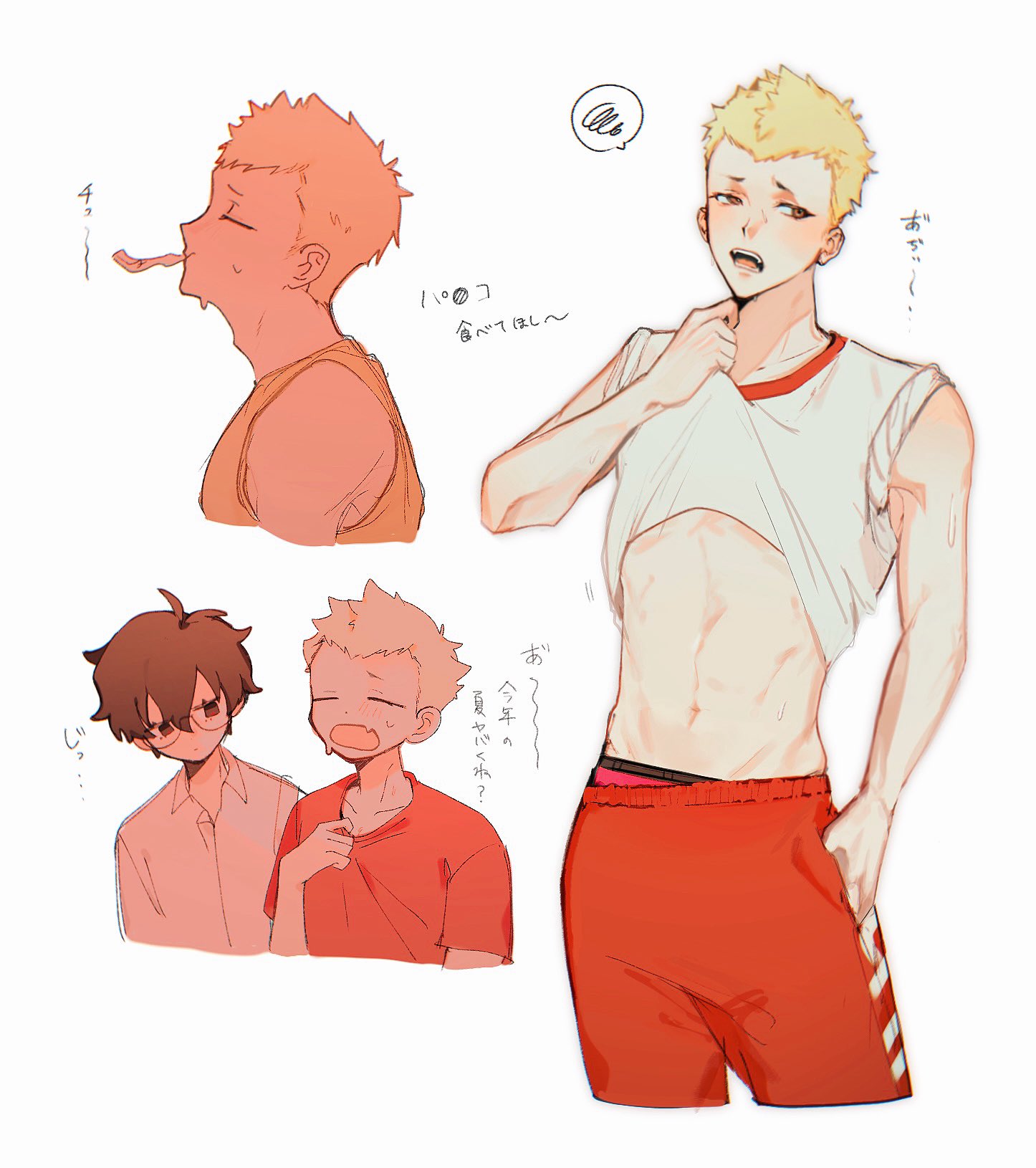 amamiya ren, sakamoto ryuuji, persona, persona 5, commentary, highres, symbol-only commentary, translation request, 2boys, blonde hair, blush, brown eyes, closed eyes, closed mouth, clothes lift, collar tug, cropped legs, from side, glasses, hand in pocket, hot, kamin 021, linea alba, looking at another, looking to the side, male focus, male underwear, male underwear peek, mouth hold, multiple boys, multiple views, navel, open mouth, pants, red pants, red shirt, shirt, shirt lift, short hair, short sleeves, simple background, spoken squiggle, squiggle, standing, stomach, swea, underwear, upper body, white background, white shirt