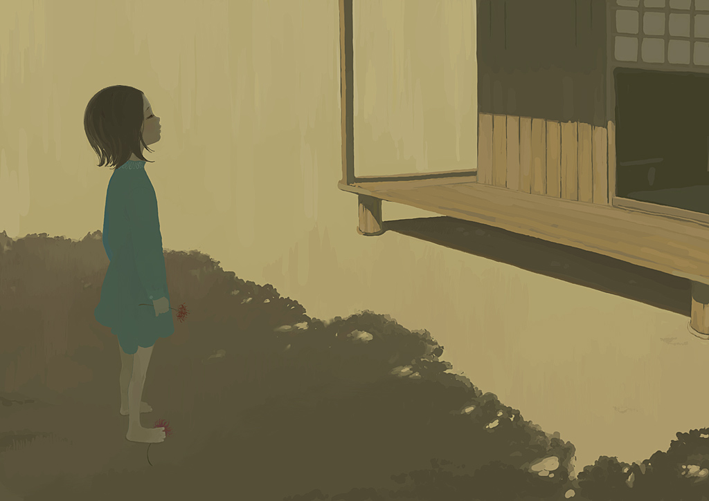ichikawa, tagme, barefoot, child, dress, flower, house, solo
