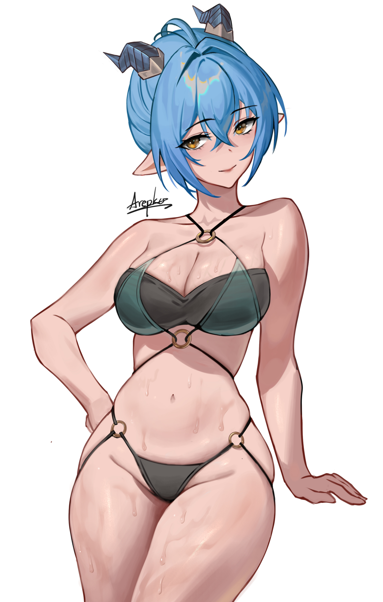 arepko, lucia elowen, zenless zone zero, commentary request, highres, 1girl, ahoge, artist name, bare shoulders, bikini, black bikini, blue hair, breasts, cleavage, cowboy shot, horns, large breasts, looking at viewer, navel, pointy ears, short hair, simple background, solo, stomach, swimsuit, thighs, white background, yellow eyes