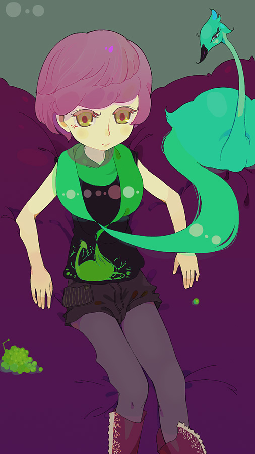 ichikawa, bird, food, fruit, grapes, pantyhose, shorts, sitting, solo