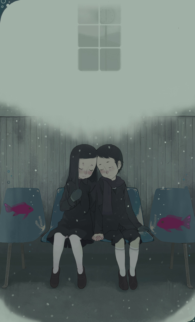 ichikawa, child, dress, fish, gloves, hand holding, holding hands, scarf, sleeping, snow, winter