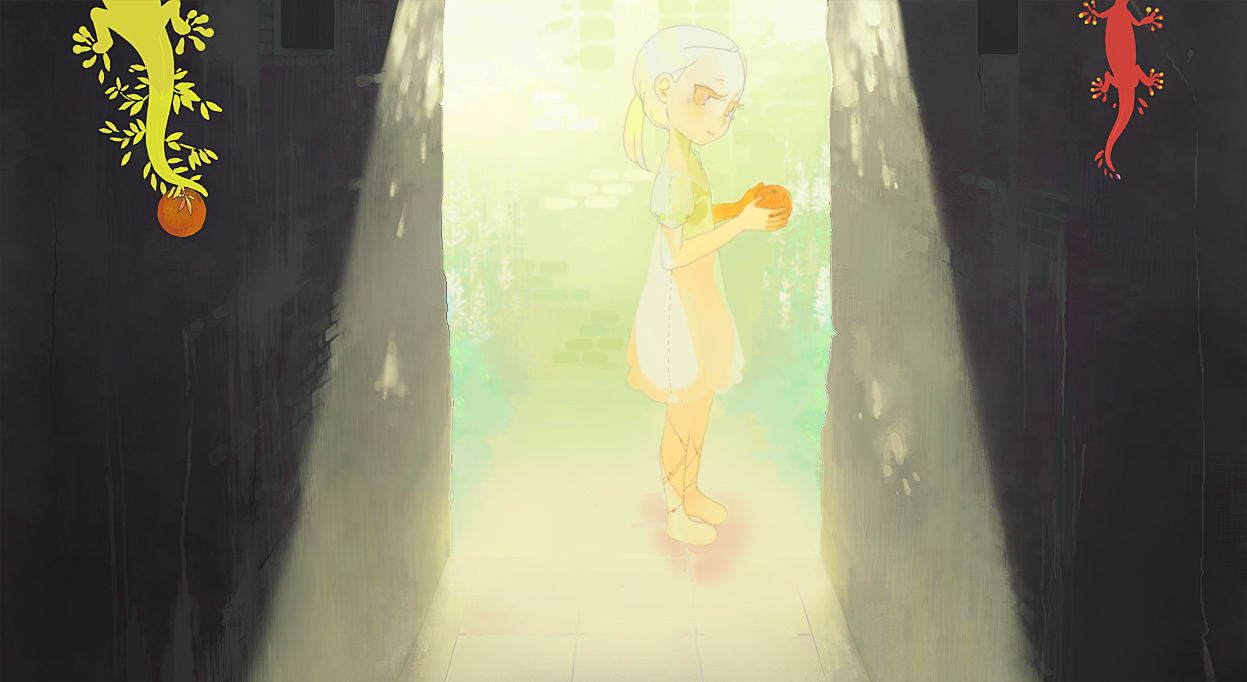 ichikawa, alley, child, dress, food, fruit, gecko, orange (fruit), scenery, solo, sunlight