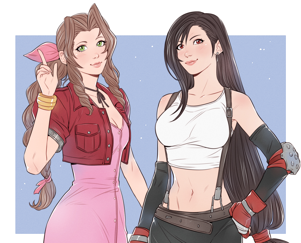 crylin6, aerith gainsborough, tifa lockhart, final fantasy, final fantasy vii, 2girls, bandaged hand, bandages, bangle, bare shoulders, black gloves, black hair, black skirt, blue background, border, bracelet, braid, braided ponytail, breasts, brown hair, buttons, cleavage, closed mouth, cowboy shot, crop top, cropped jacket, dress, earrings, elbow gloves, elbow pads, gloves, green eyes, hair ribbon, hair tie, hand on own hip, jacket, jewelry, long hair, low-tied long hair, medium breasts, midriff, multiple girls, navel, parted bangs, pink dress, pink ribbon, pointing, pointing up, puffy short sleeves, puffy sleeves, red eyes, red gloves, red jacket, ribbon, shirt, short sleeves, sidelocks, single braid, single elbow pad, skirt, sleeveless, sleeveless shirt, smile, suspenders, white border, white shirt