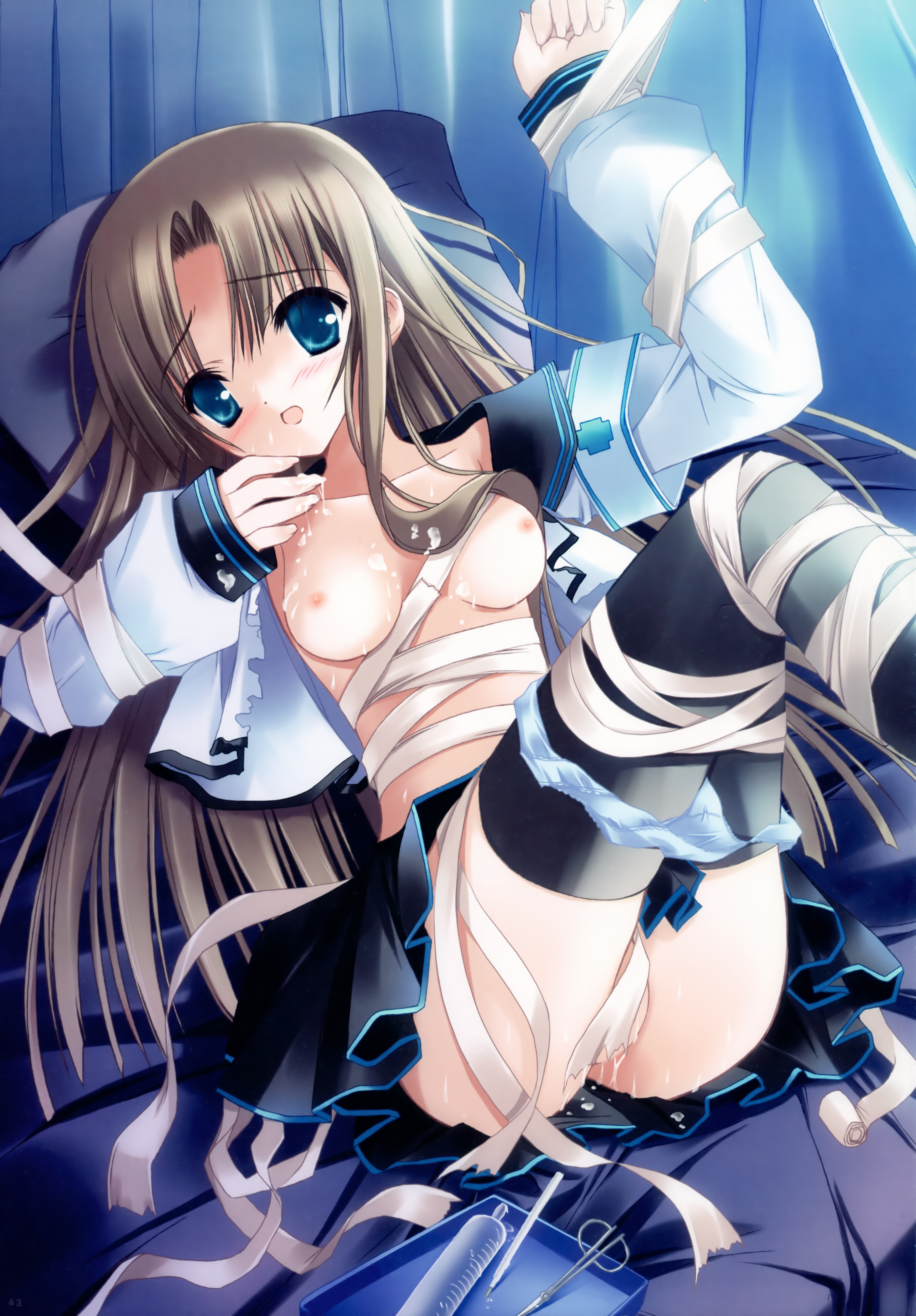 bell (artist), tinker bell (pixiv 10956015), absurdres, highres, non-web source, 1girl, bandages, bed, black thighhighs, blue eyes, blue panties, breasts, brown hair, censored, convenient censoring, female focus, long hair, medium breasts, nipples, no bra, open clothes, open shirt, panties, panty pull, pillow, pussy juice, shirt, solo, thighhighs, underwear, very long hair