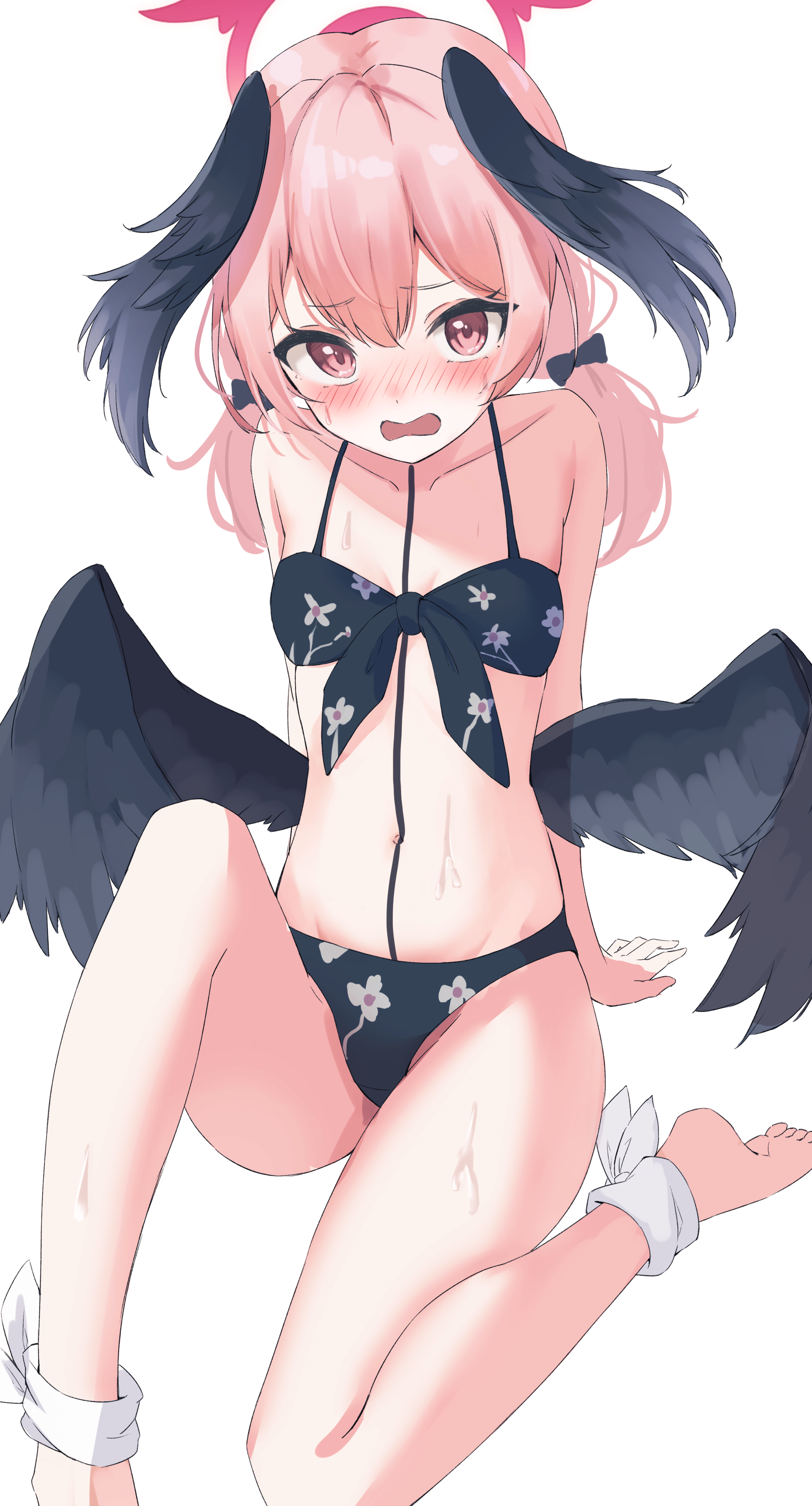 leopon pon, koharu (blue archive), koharu (swimsuit) (blue archive), blue archive, absurdres, commentary, highres, 1girl, ass, barefoot, bikini, black bikini, black bow, black wings, blush, bow, floral print, floral print kimono, foot out of frame, hair between eyes, hair bow, halo, head wings, japanese clothes, kimono, looking at viewer, low wings, medium hair, navel, pink eyes, pink hair, pink halo, print kimono, romaji commentary, simple background, solo, stomach, swimsuit, twintails, wet, white background, wings
