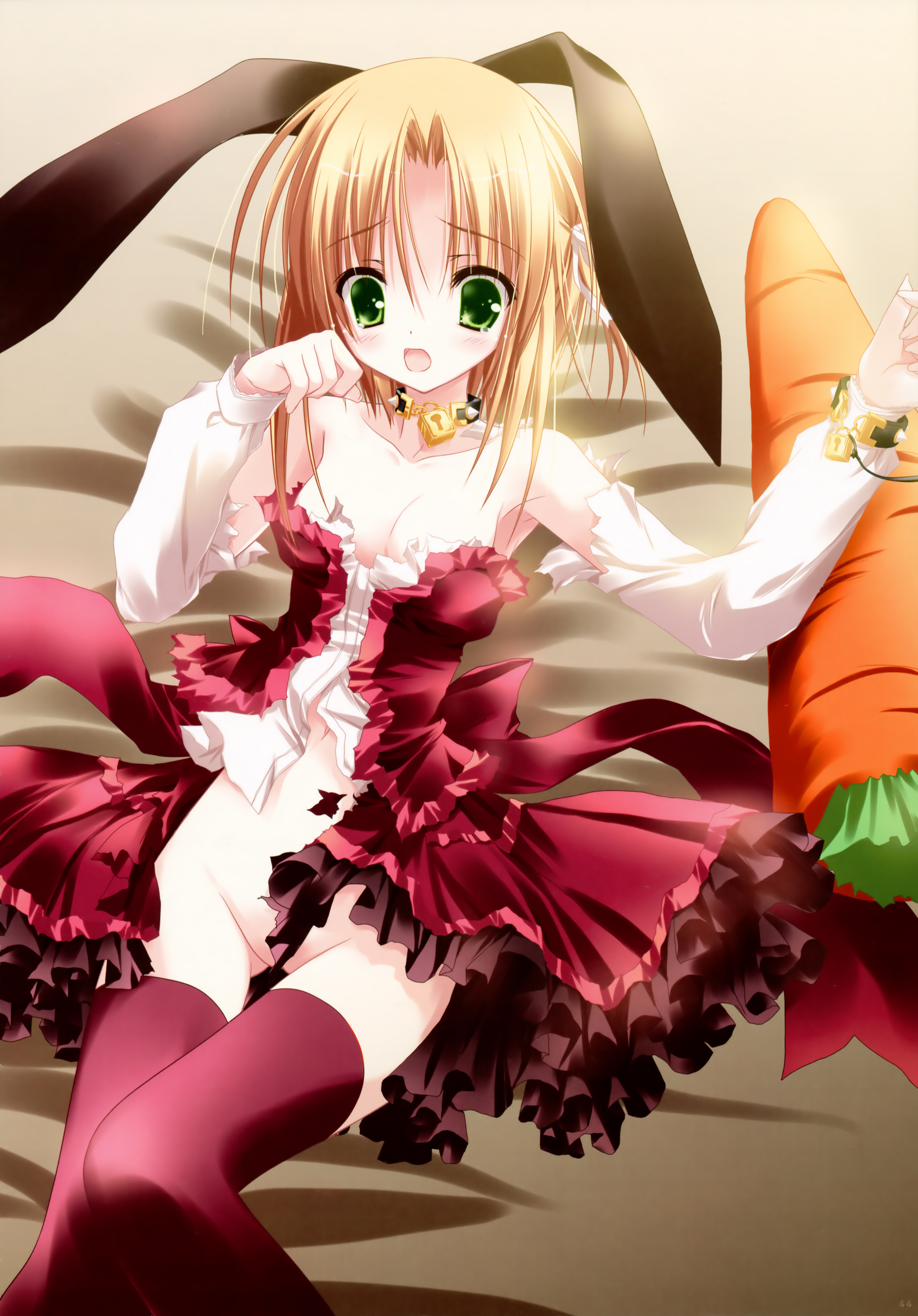 bell (artist), tinker bell (pixiv 10956015), absurdres, highres, non-web source, 1girl, animal ears, blonde hair, breasts, carrot, censored, choker, cleavage, convenient censoring, dress, female focus, green eyes, long hair, no panties, rabbit ears, red thighhighs, small breasts, solo, thighhighs, torn clothes, wardrobe malfunction